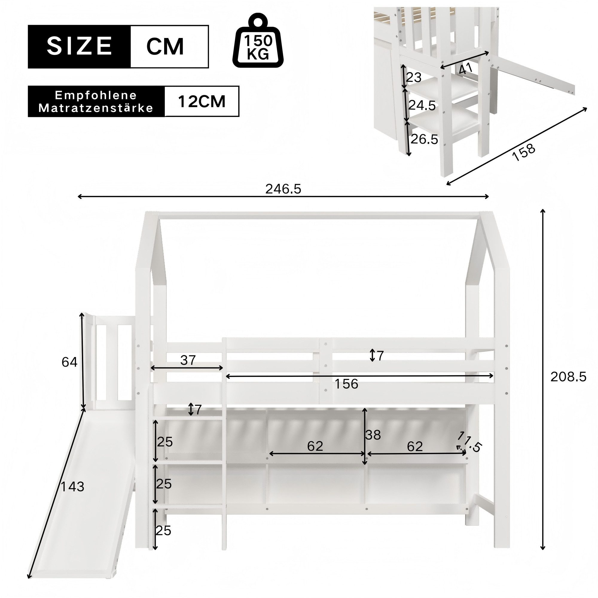 Flieks loft bed, children's bed 90x200cm with slide, ladder and movable wardrobe