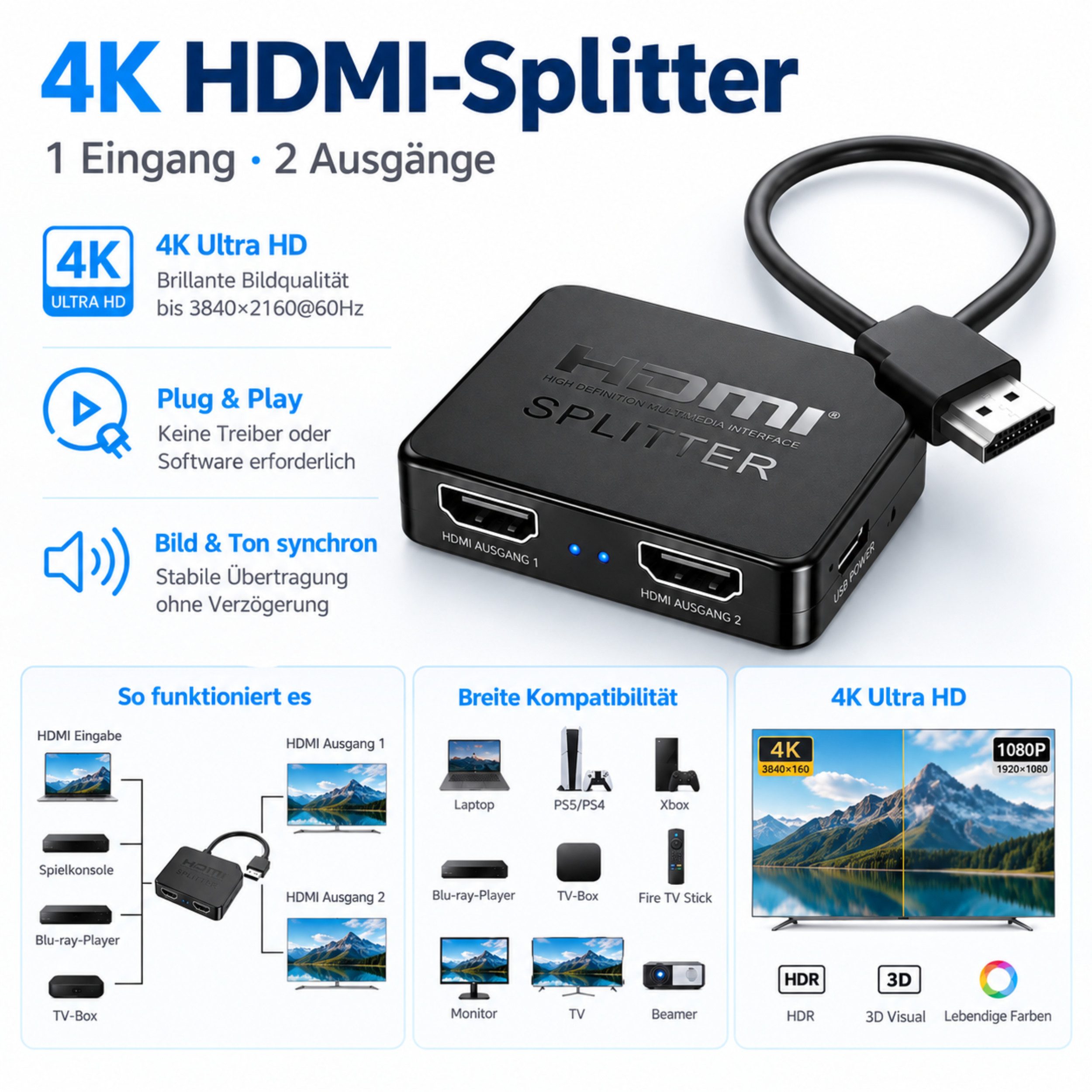 PlugUp HDMI-Splitter HDMI-Splitter 1 In 2 Out 4K HDMI 1.4 Verteiler für TV, Laptop & Beamer, 4HDMI 1.4 Splitter, 1 Eingang -> 2 Ausgänge, Bild- & Audioübertragu – Bild 2 von 5