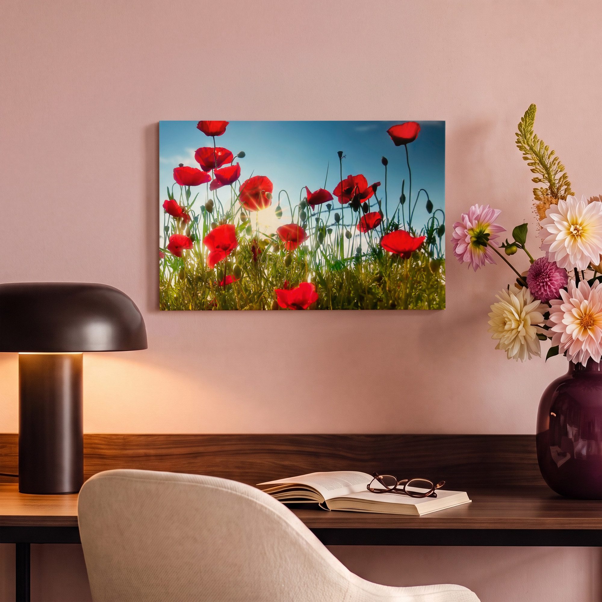 OneMillionCanvasses® Leinwandbild Mohnblumen - Toskana - Sonne - Rot - Blau, Fotodruck (1 St), Leinwand Canvas Wandbild, Wanddekoration 20x30 cm – Bild 4 von 5