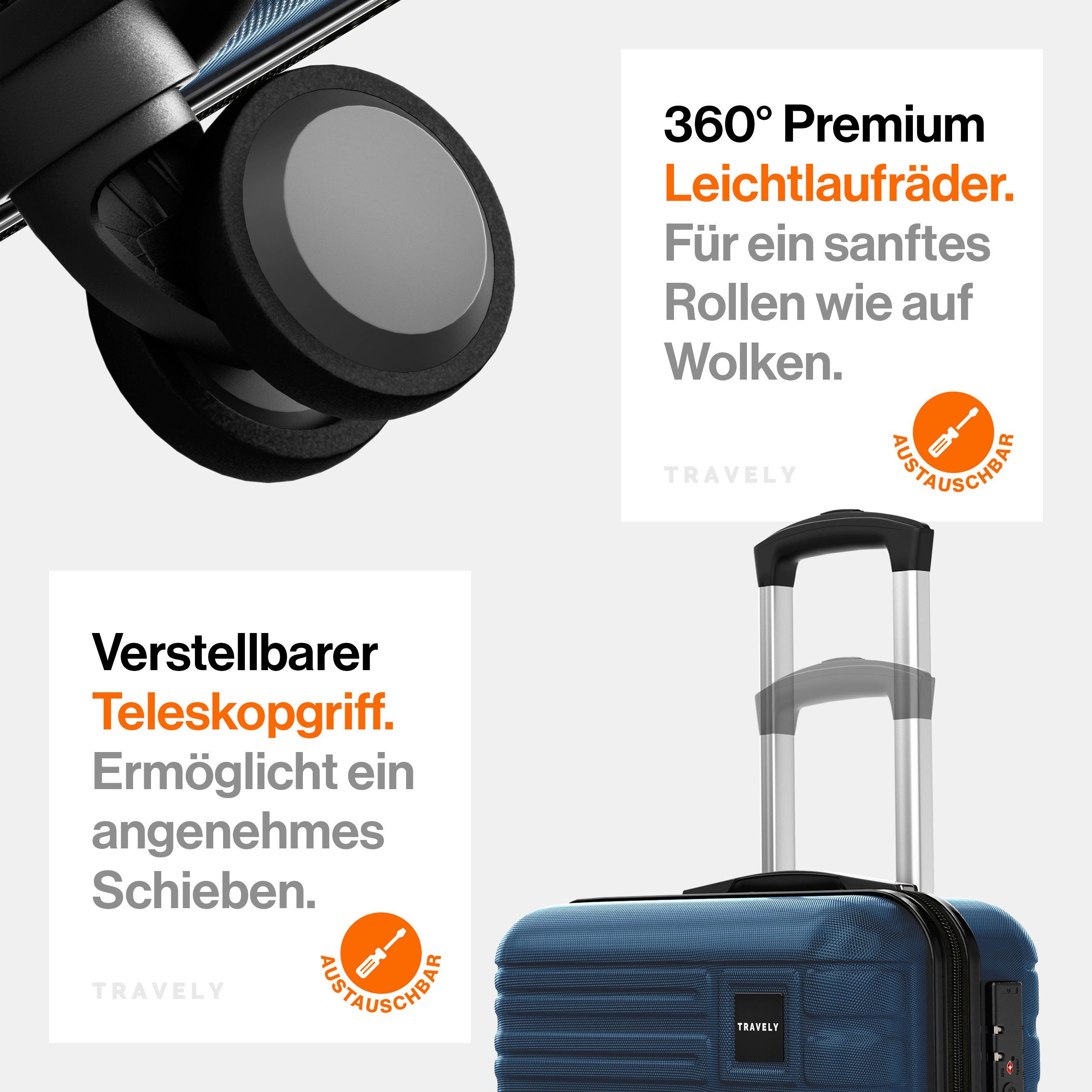 Travely Koffer Polycarbonat Koffer Set - 3 teiliges Kofferset, XL + L + M, 4 Rollen, Designed in Germany, austauschbare Griffe und Rollen – Bild 5 von 5