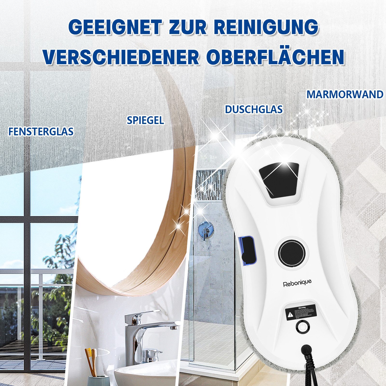 Rebonique Fensterputzroboter Elektrischer Fensterputzer 5600Pa Intelligenter Kanten-Erkennung, 3-Modi Automatische Wasserstrahl Fensterreiniger Roboter