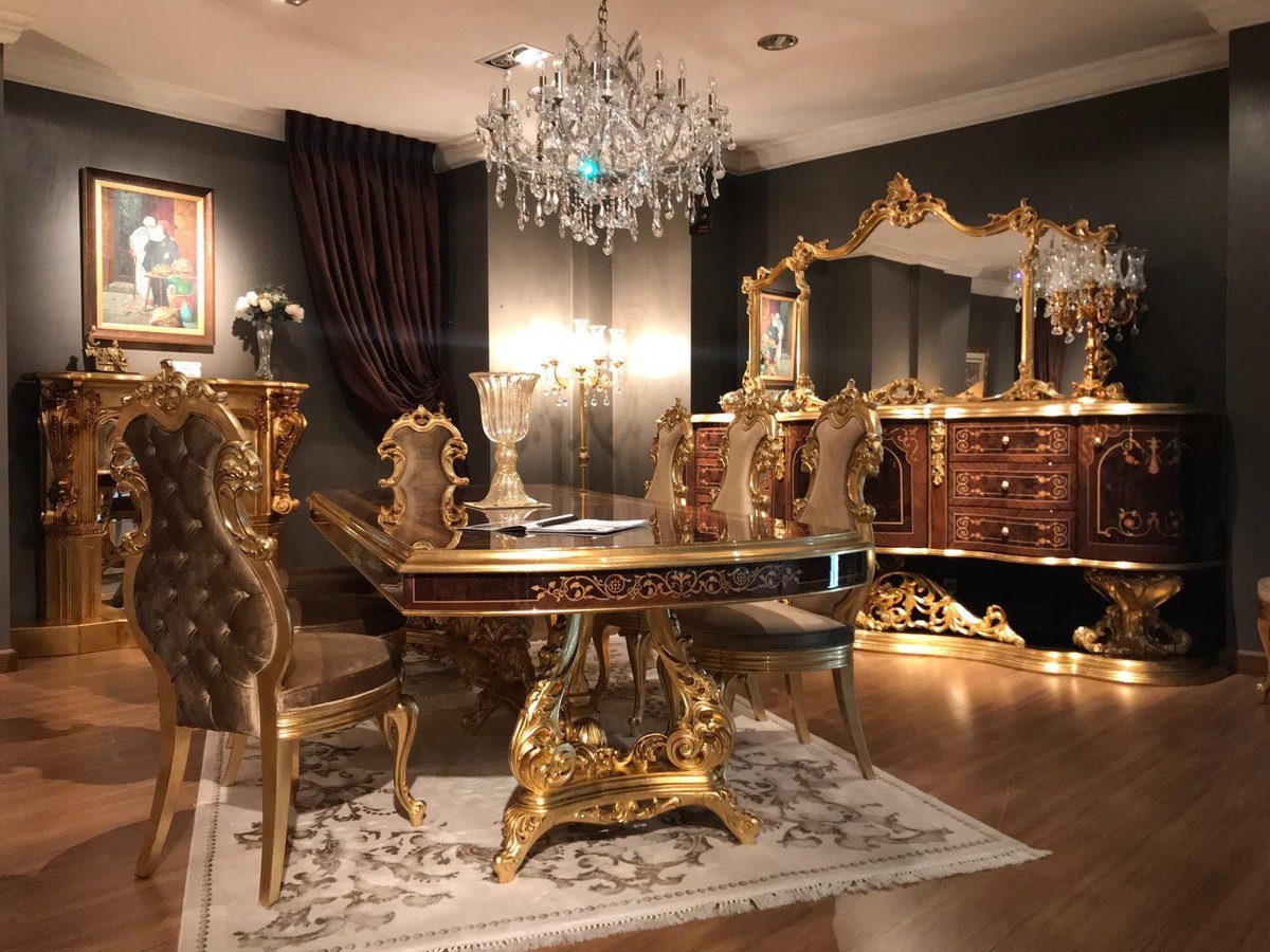 Casa Padrino Esszimmer-Set Luxus Barock Esszimmer Set Braun / Antik Gold - 1 Esstisch & 8 Esszimmerstühle - Esszimmer Möbel im Barockstil - Edel & Prunkvoll