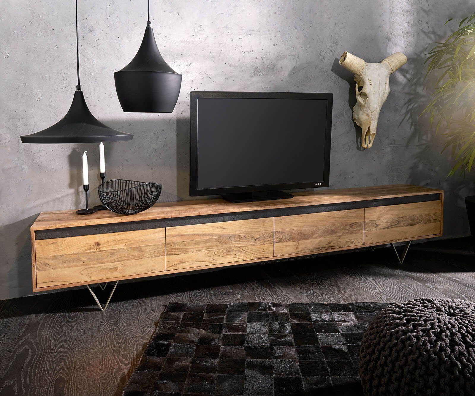 DELIFE TV-Board Stonegrace, Akazie Natur Schiefer 240 cm 4 Türen Design  Lowboard