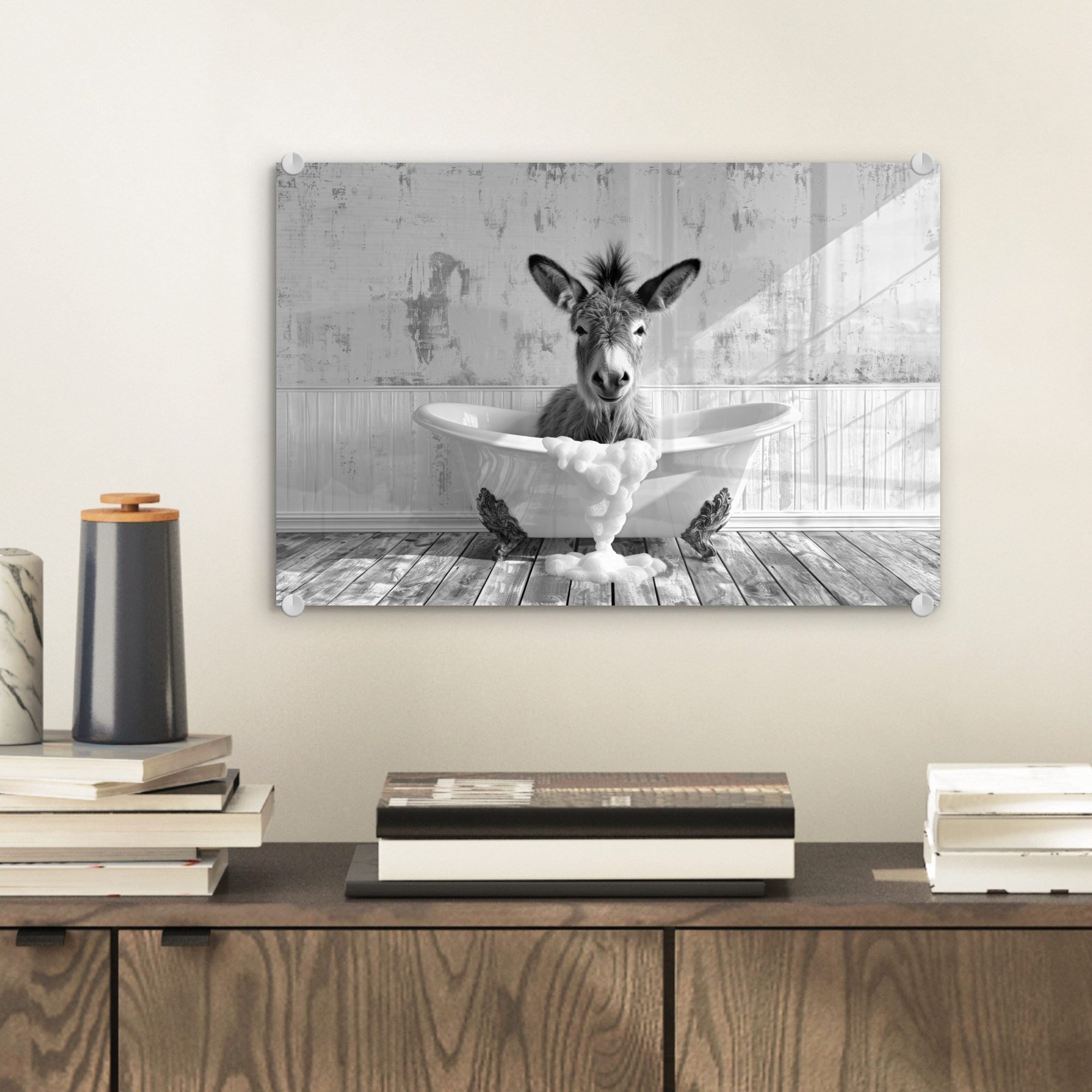 MuchoWow Acrylglasbild Esel - Tier - Vintage - Badewanne - Schwarz - Weiß, günstig online kaufen