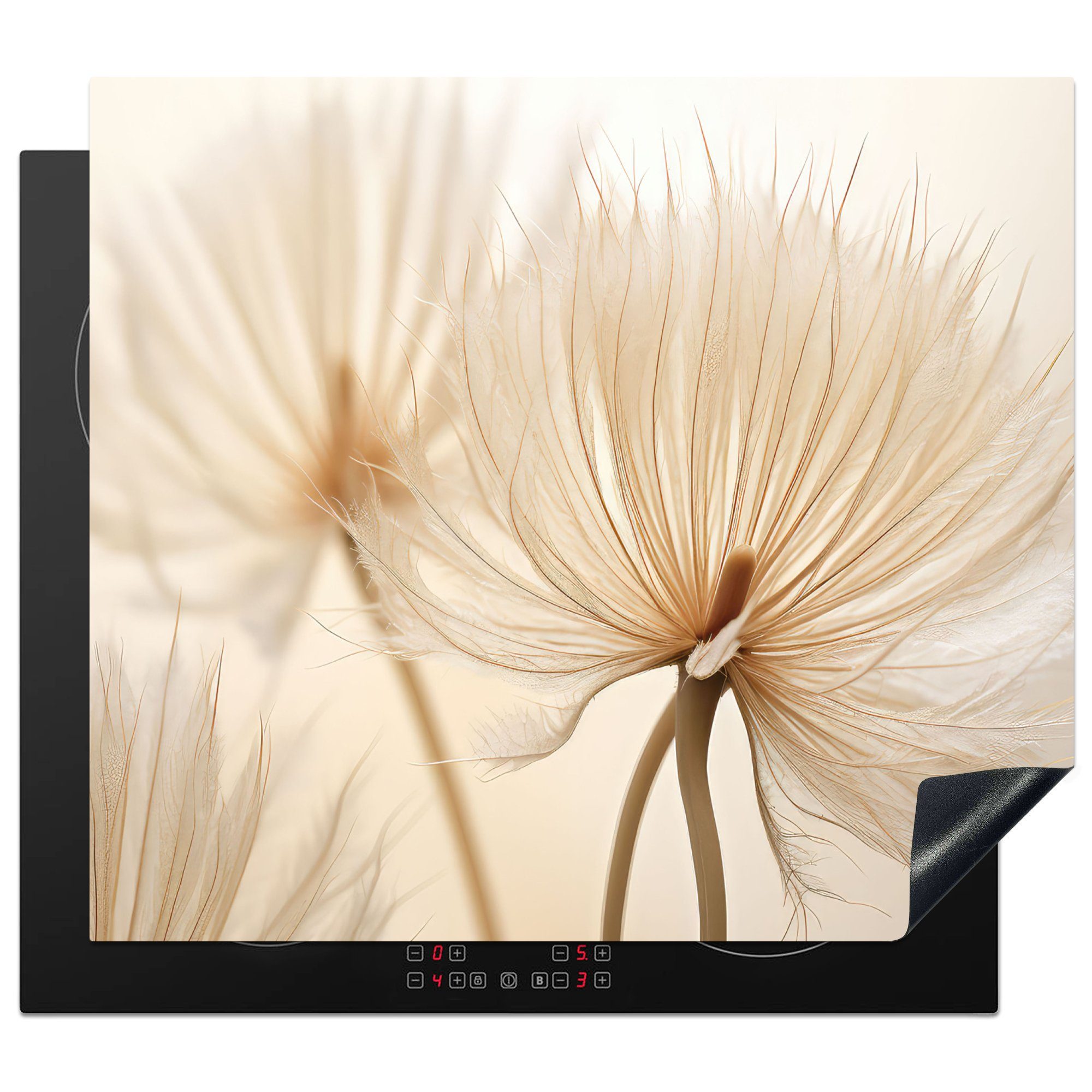 - Beige Blumen - Ceranfeldabdeckung Natur, Mobile Herdblende-/Abdeckplatte MuchoWow Vinyl, 60x52 nutzbar, cm, Arbeitsfläche (1 tlg),