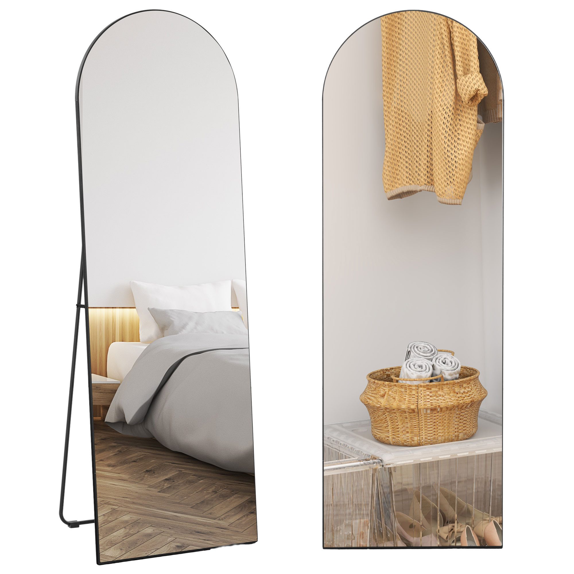 HOMCOM Standspiegel Wandspiegel mit Bruchsichere Glas Gewölbter Spiegel Bodenspiegel (Ganzkörperspiegel, 1-St., Stehspiegel), für Wohnzimmer, Schlafzimmer, Schwarz