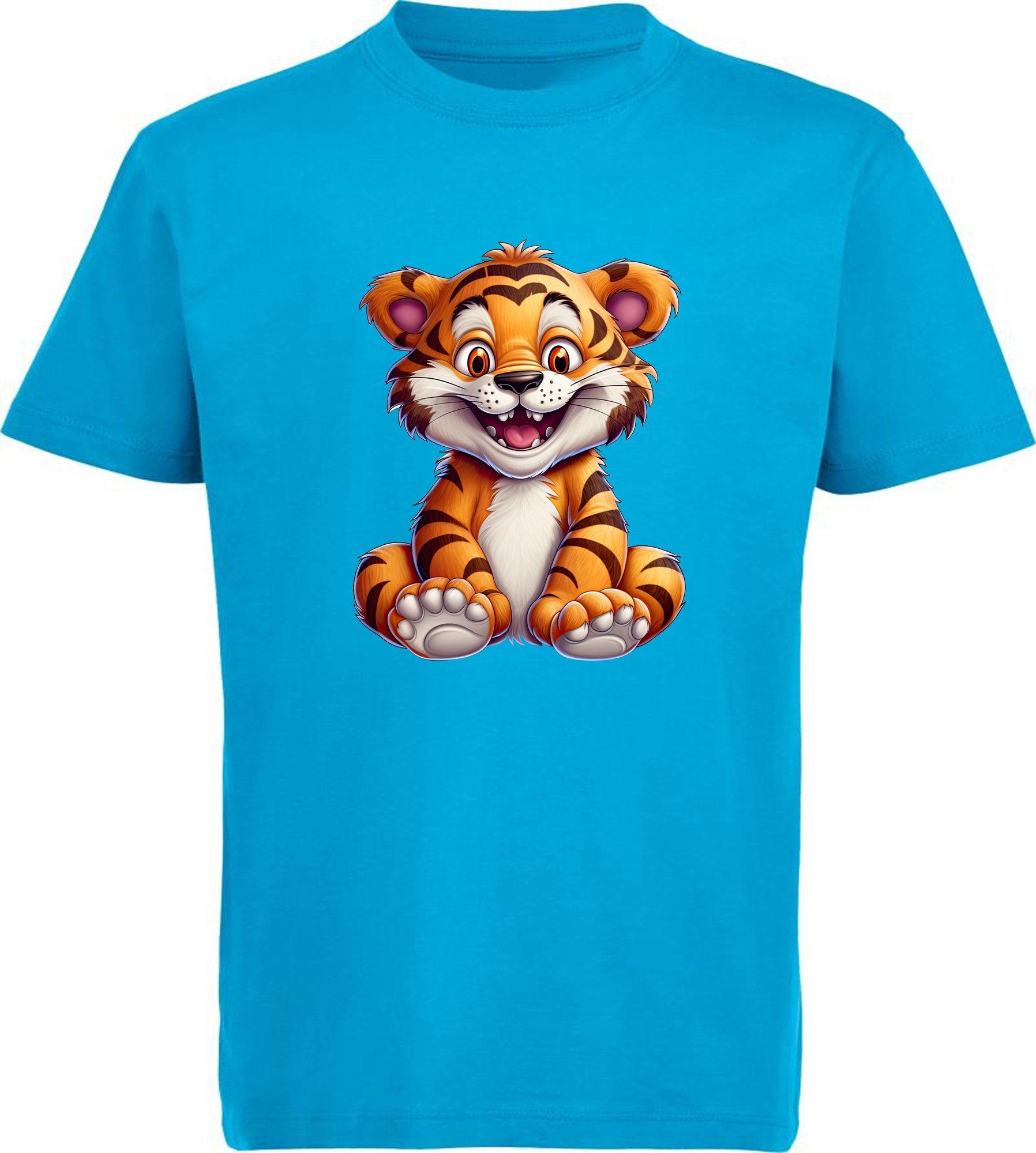 MyDesign24 T-Shirt Kinder Baby Print bedruckt Shirt aqua Aufdruck, Tiger mit - blau i278 Baumwollshirt Wildtier