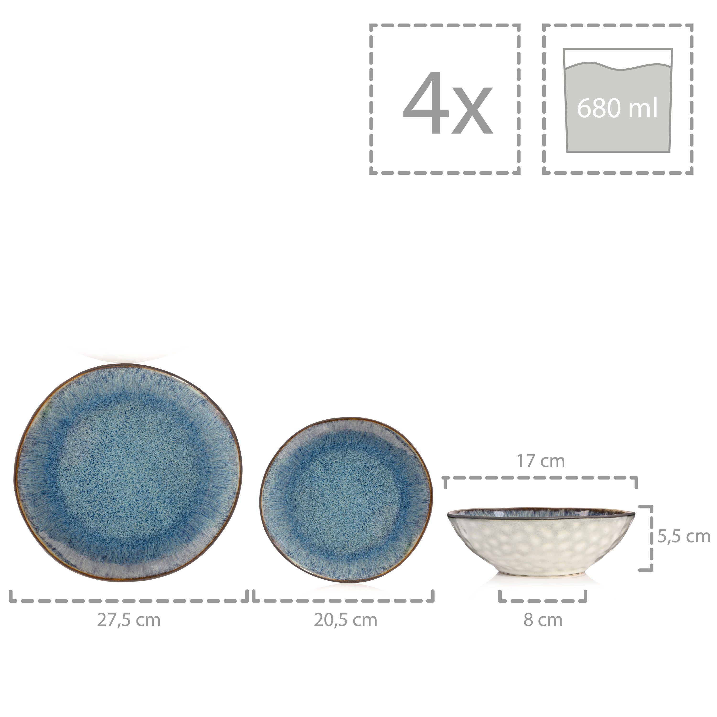 Personen, Amalfi Geschirrset Blauer 4 Außenfläche mit Handmade (12-tlg), Tafelservice Farbverlauf SÄNGER Steingut, Grauer