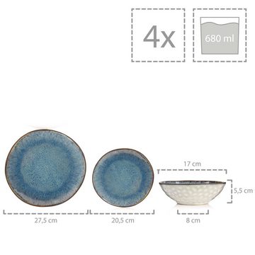 SÄNGER Tafelservice Amalfi Geschirrset Blauer Farbverlauf mit Grauer Außenfläche (12-tlg), 4 Personen, Steingut, Handmade
