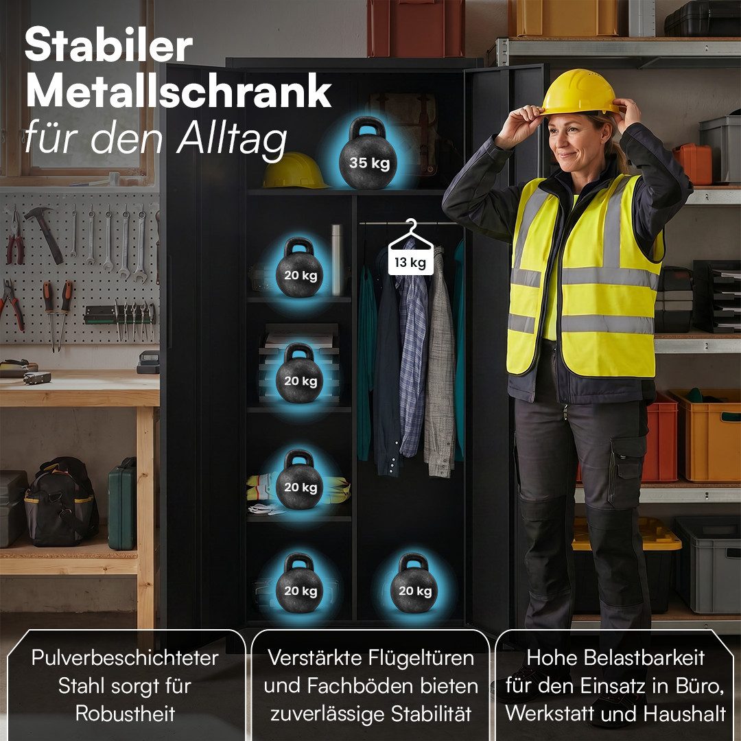 STEELSØN Garderobenschrank Regulus abschließbar (Schwarz, 1-St) Spindschrank aus Stahl mit 6 Fächern & 1 Kleiderstange, inkl. Schloss