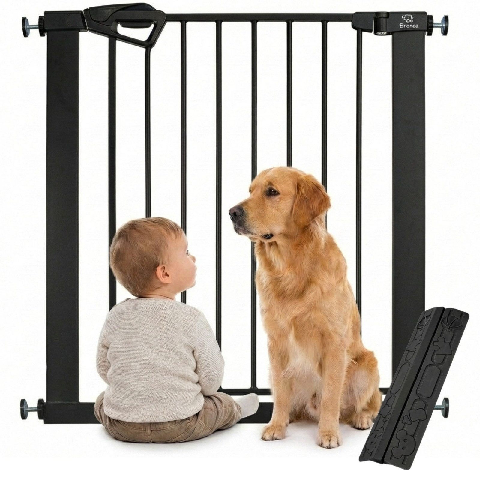 Bronea Treppenschutzgitter Babygitter Tür ohne bohren BALU Tür- & Treppenschutzgitter schwarz (75–82 cm verlängerbar bis 165 cm, SAFETY-LOCK Rot/Grün, ANTI-STOLPER-RAMPE, AUTO-CLOSE Türschutzgitter), Entwickelt, Geprüft & Zertifiziert in Deutschland EN193