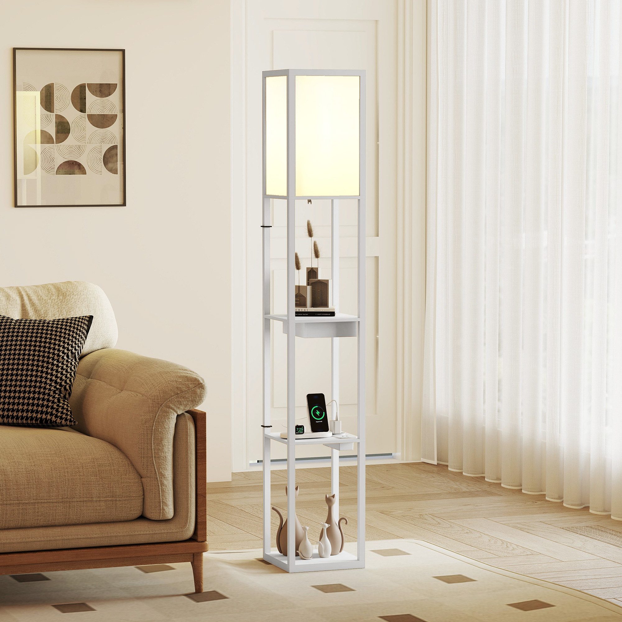 HOMCOM Stehlampe moderne Stehleuchte mit USB-Anschluss, Fußschalter, Ablagen, ohne Leuchtmittel, für Wohnzimmer, Schlafzimmer, Weiß