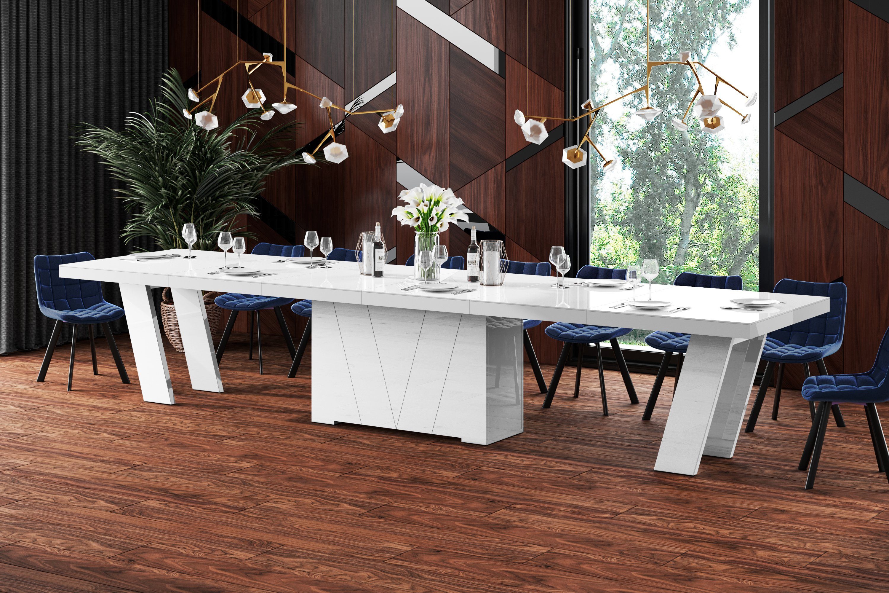 designimpex Esstisch Design Konferenztisch Tisch HEG-111 Hochglanz XXL ausziehbar 160-412cm Weiß Hochglanz