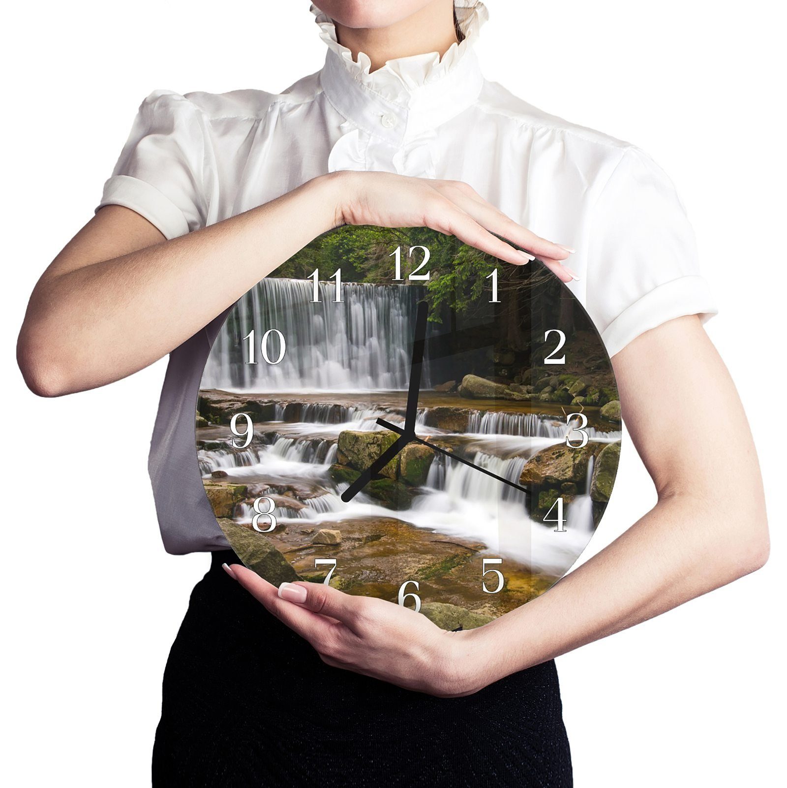 mit 30 Wasserfall mit Motiv den Wanduhr - Rund Glas in Wanduhr Quarzuhrwerk Durchmesser aus Bergen und cm Primedeco