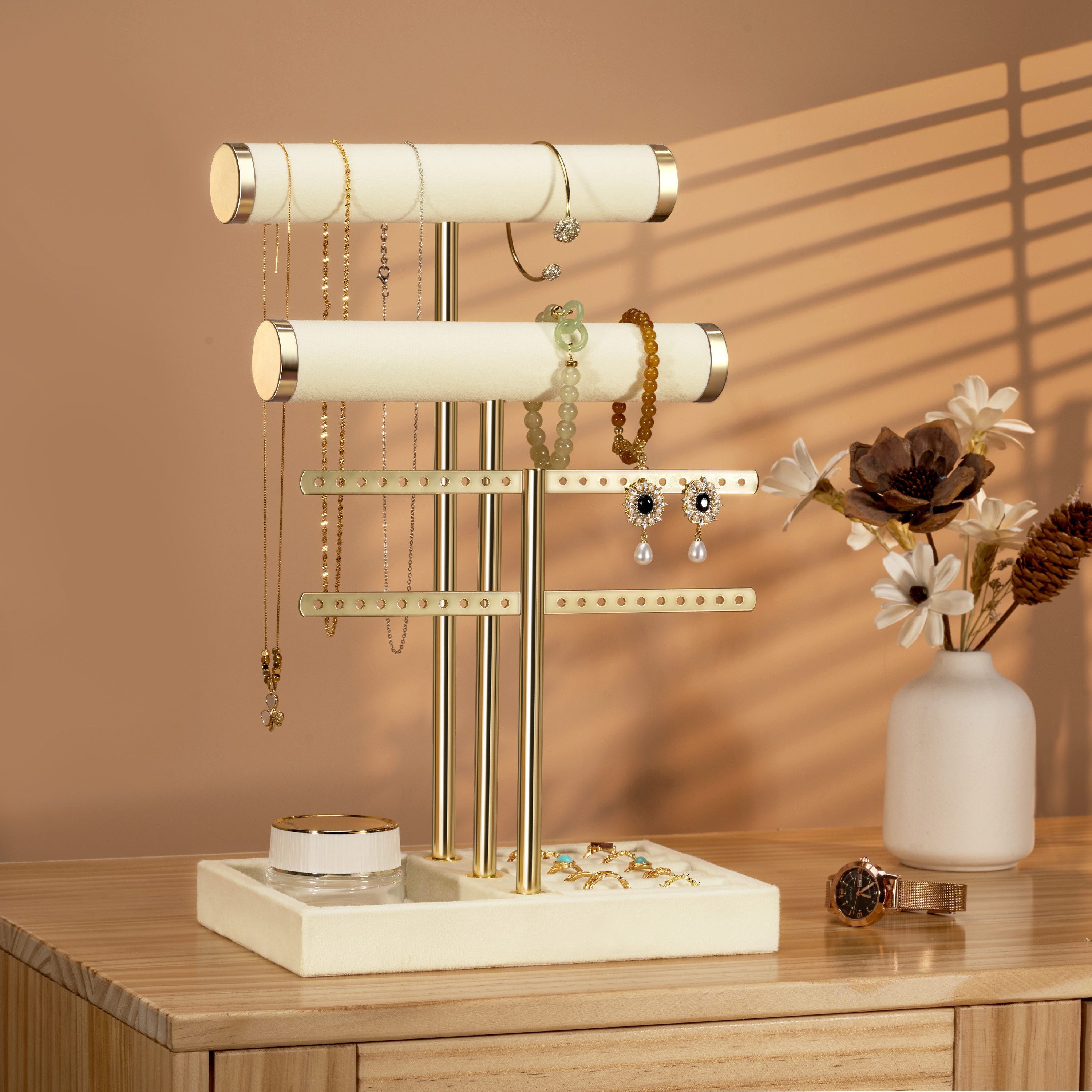 niffgaff Schmuck Etagere Schmuck-Organizer mit 3 Etagen & abnehmbarem T-Steg, Beiger Samt-Ständer für Armbänder, Halsketten, Uhren und Ringe