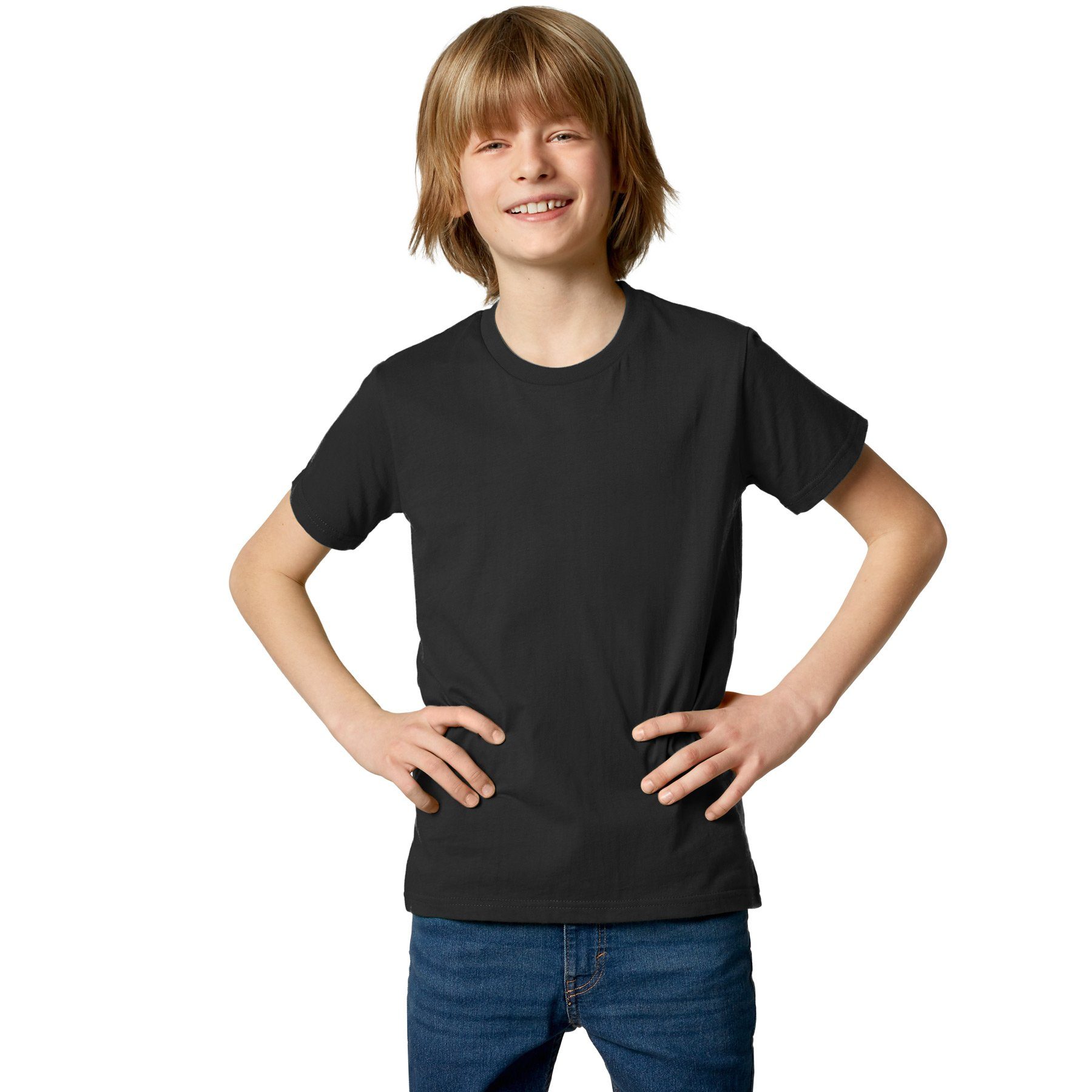 dressforfun T-Shirt Kurzarmtop, Für viele Outfits & Auftritte, Rundhals mit (Freizeitoberteil, Konfektionsgröße 116 (5-7 Jahre) in schwarz) Einfarbiges T-Shirt für Kinder, Fester Stoff, hoher Tragekomfort