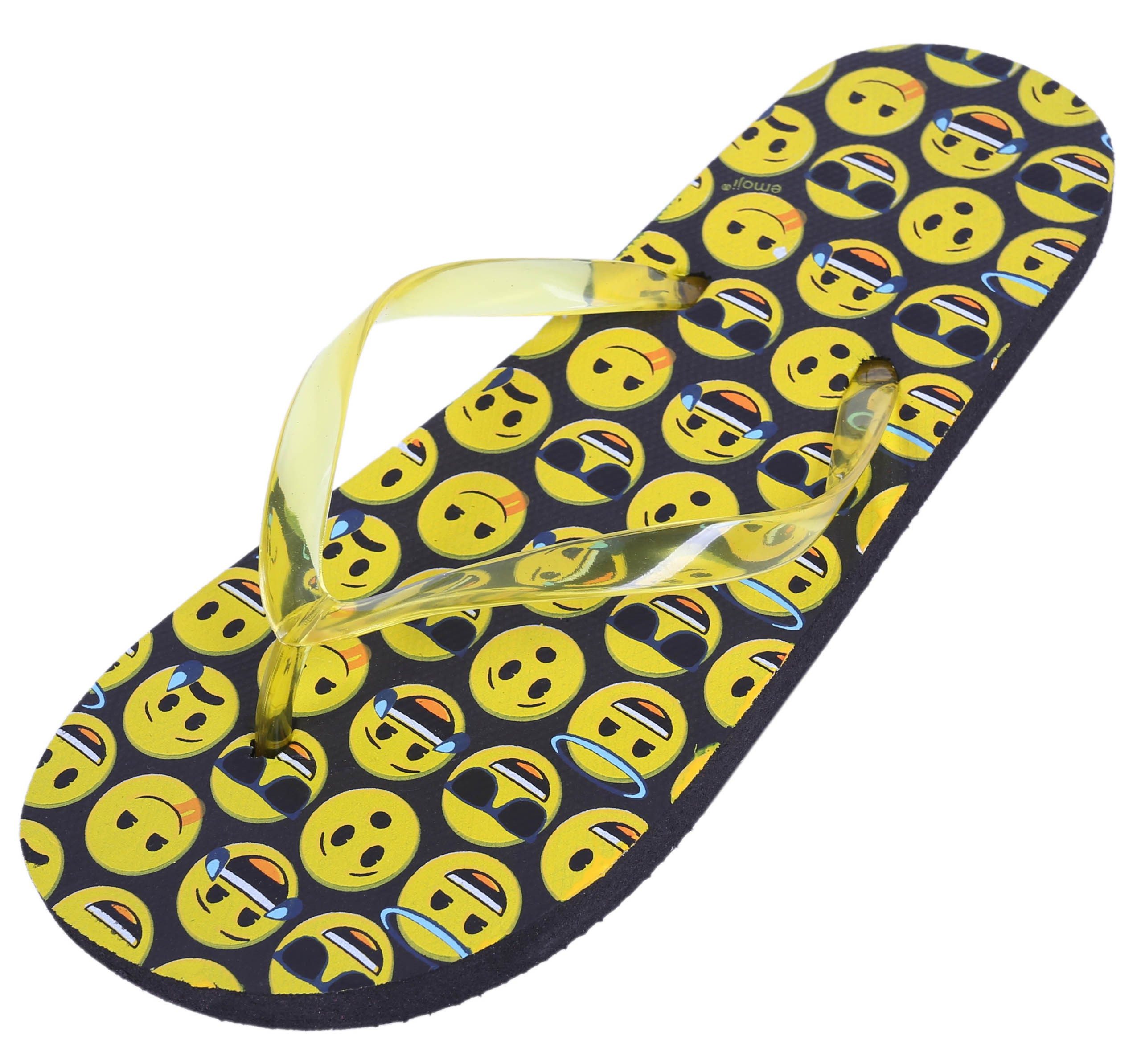 Schwarz-gelbe Flip-Flops mit Emoticons, gelbe Streifen 32-33 EU Badezehentrenner