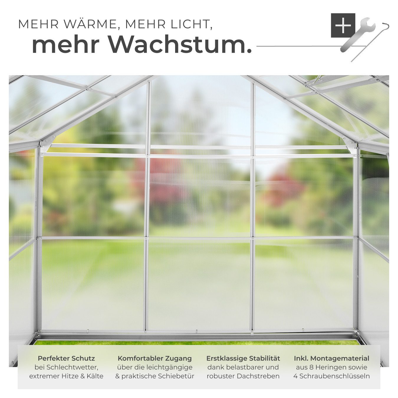 tectake Gewächshaus Treibhaus, Maße: 185 x 190 x 195 cm, UV-beständig und wärmedämmend, 0,40 mm Wandstärke, Set, 185 x 190 x 195 cm, 5,85 m³, Aluminiumrahmen, inklusive Schiebetür und Dachfenster