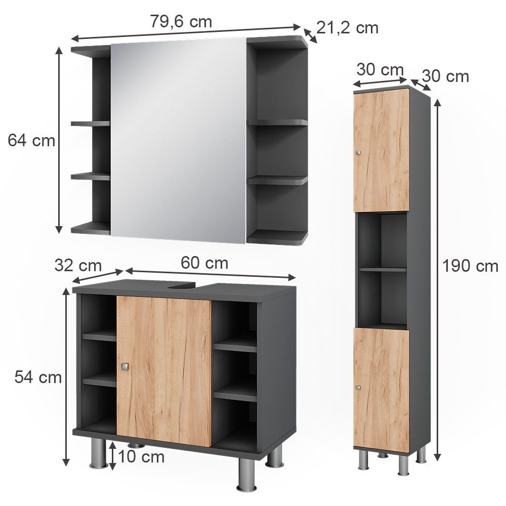 Vicco Badmöbel-Set Fynn, Anthrazit/Goldkraft Eiche, 3 Teile mit Hochschrank, (3-St., 3er Set)