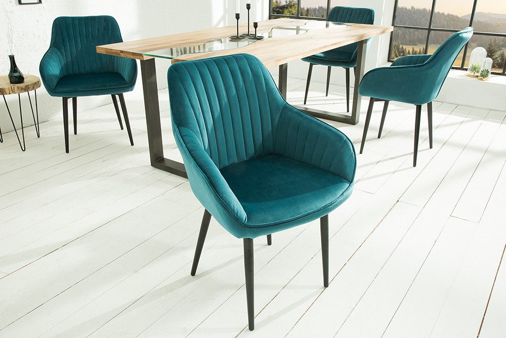 riess-ambiente Polsterstuhl TURIN türkis / schwarz (Einzelartikel, 1 St), Esszimmer · Samt · Metall · mit Armlehne · Retro Design