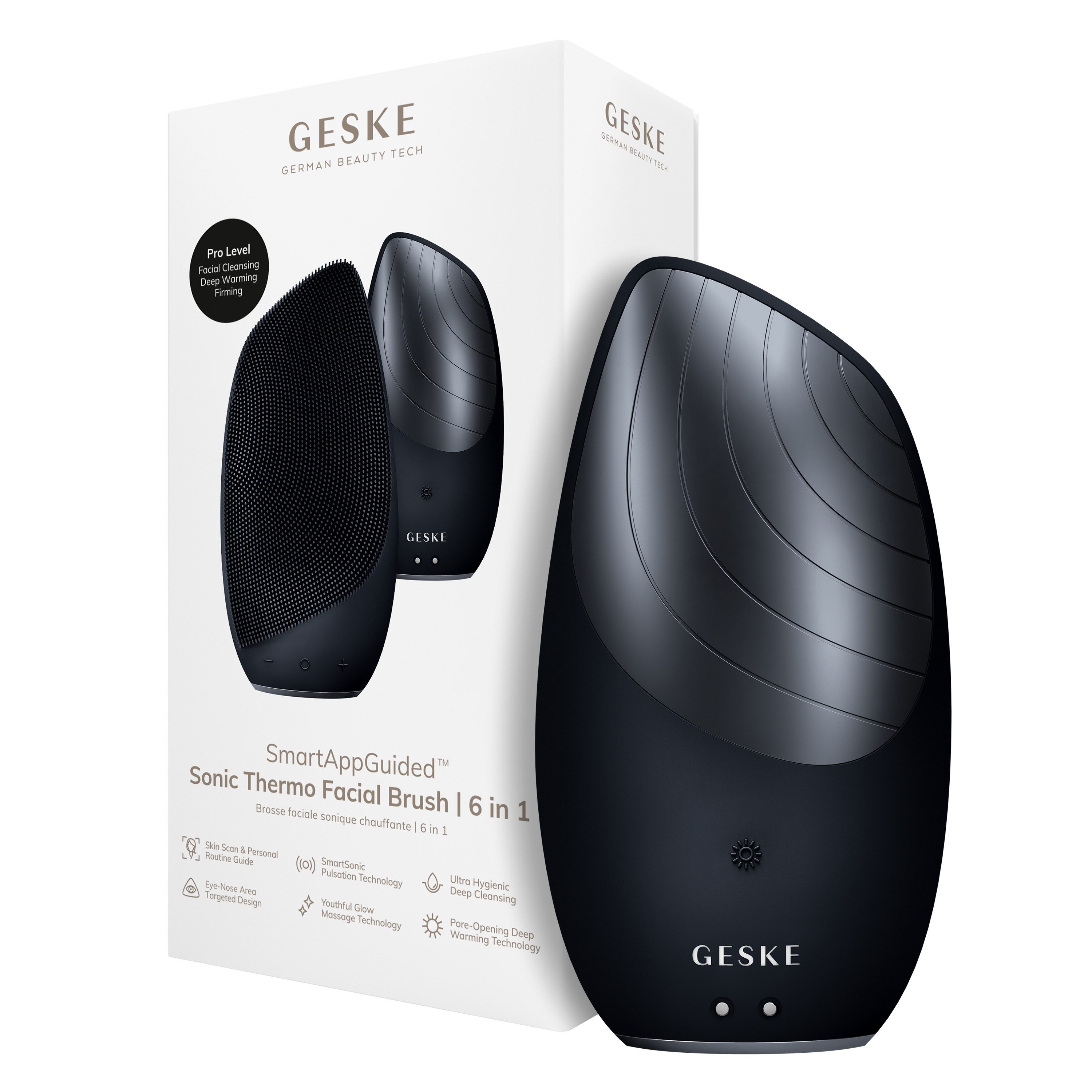 GESKE German Beauty Tech Elektrische Gesichtsreinigungsbürste SmartAppGuided™ Sonic Thermo Facial Brush 6 in 1, Packung (Gerät & USB-Ladekabel), 2-tlg., Gerät inkl. kostenloser APP (SmartAppGuided Device), Anti-Aging Massage-, SmartSonic Pulsation- & Tiefen-Wärme-Technologie