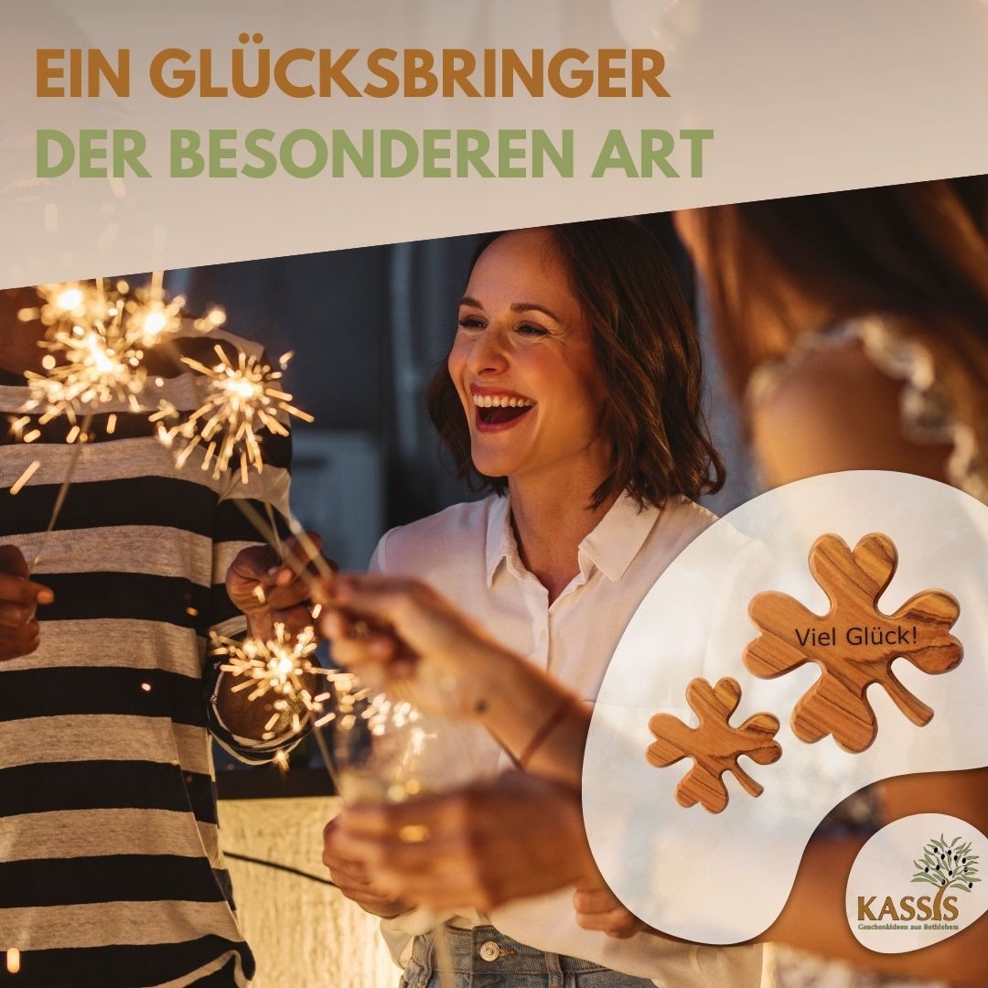 Kassis Geschenkartikel Dekoobjekt Kleeblatt aus Olivenholz Handschmeichler Antistress Glücksbringer, handgefertigt in Bethlehem, Geschenke zu mehreren Anlässen – Bild 5 von 5