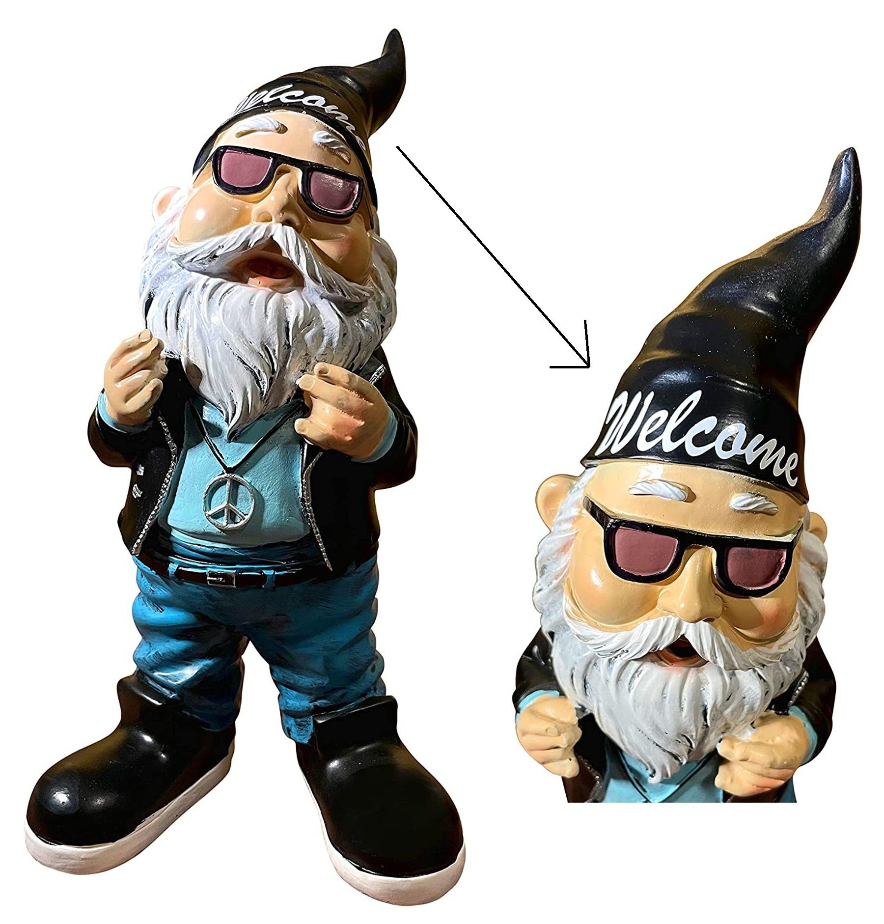 SEWAS Gartenzwerge Dekofigur Gartenzwerg Rocker mit Willkommensgruß Welcome, Dekofigur, Kunststein, wetterfest, handbemalt, Innen- und Außenbereich, 27cm, tolles Geschenk