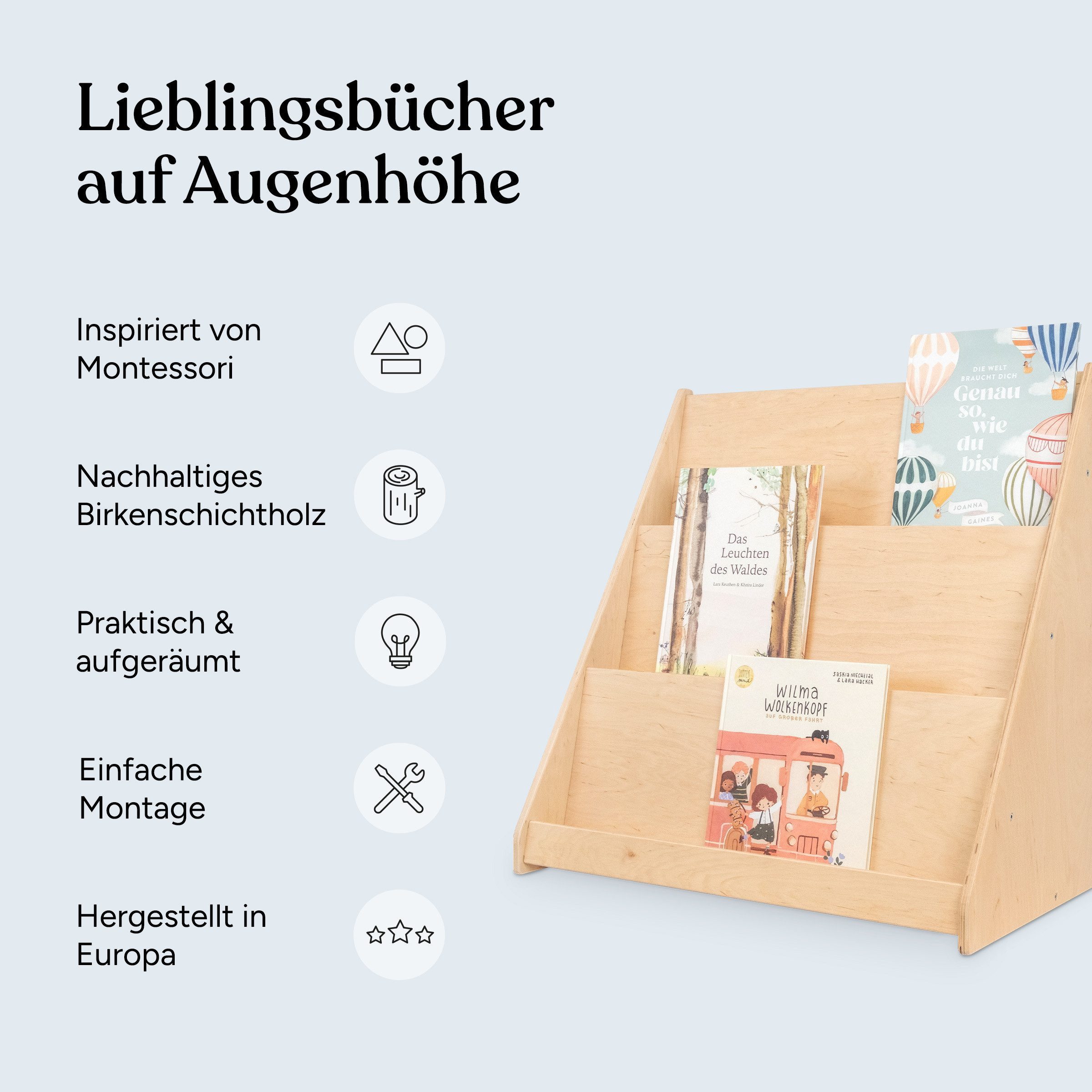 Ehrenkind Bücherregal Kinder Bücherregal mit Kippschutz, Bücherregal Kinderzimmer, Montessori Kinder-Bücherregal 60 cm