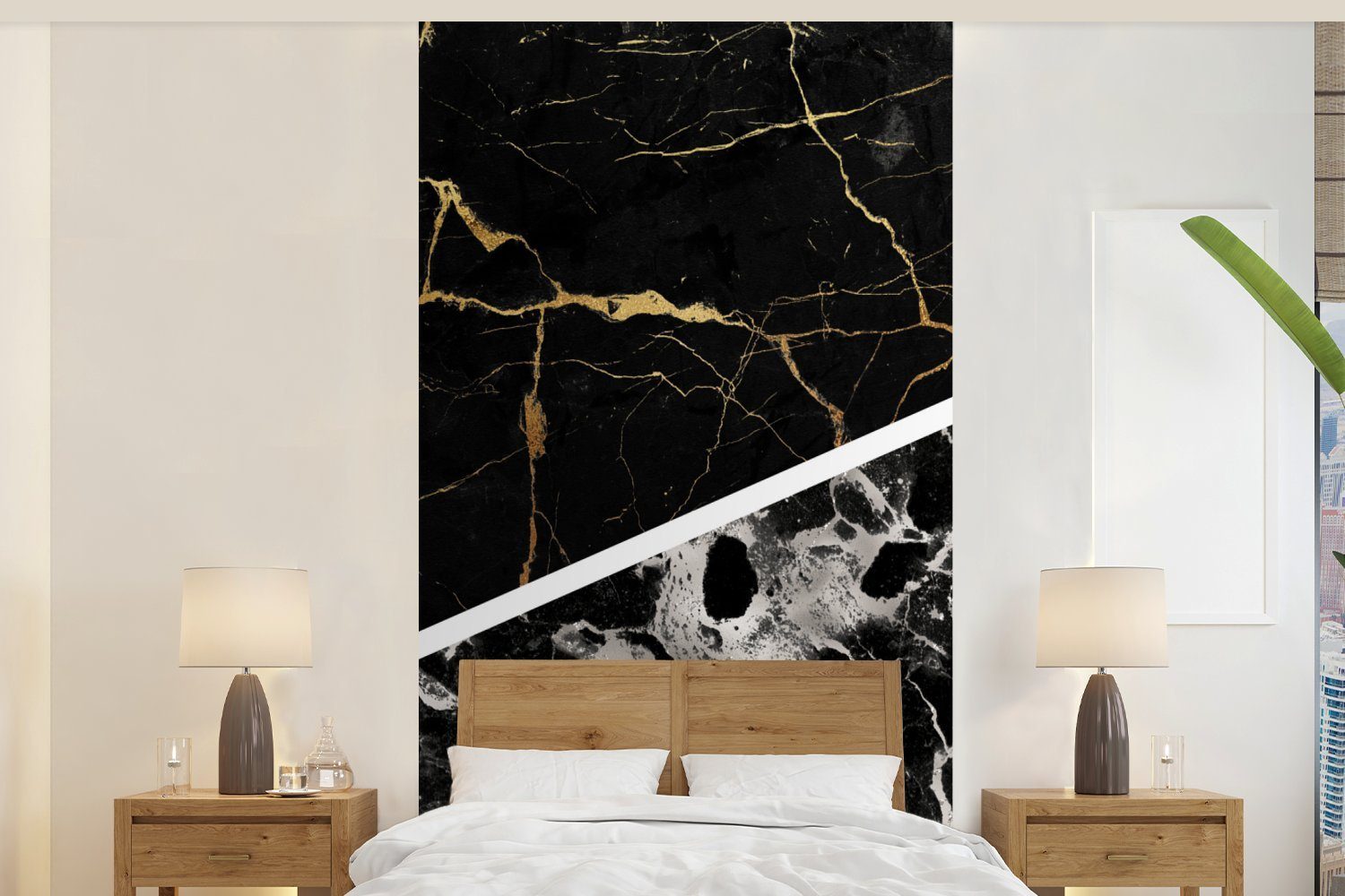 MuchoWow Fototapete Marmor - Gold Fototapete Schlafzimmer (2 Wohnzimmer Matt, bedruckt, - Küche, St), für Vliestapete Luxus