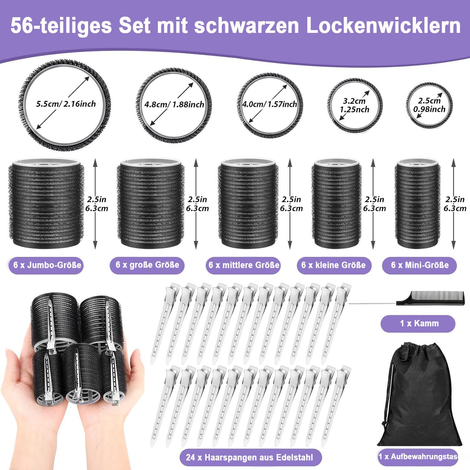 TUWENA Lockenwickler Lockenwickler-Set, 56 Stück, 5 Größen Selbsthaftende Haftwickler, Wärmelos & haarschonend, für alle Haarlängen, mit Aufbewahrungstasche