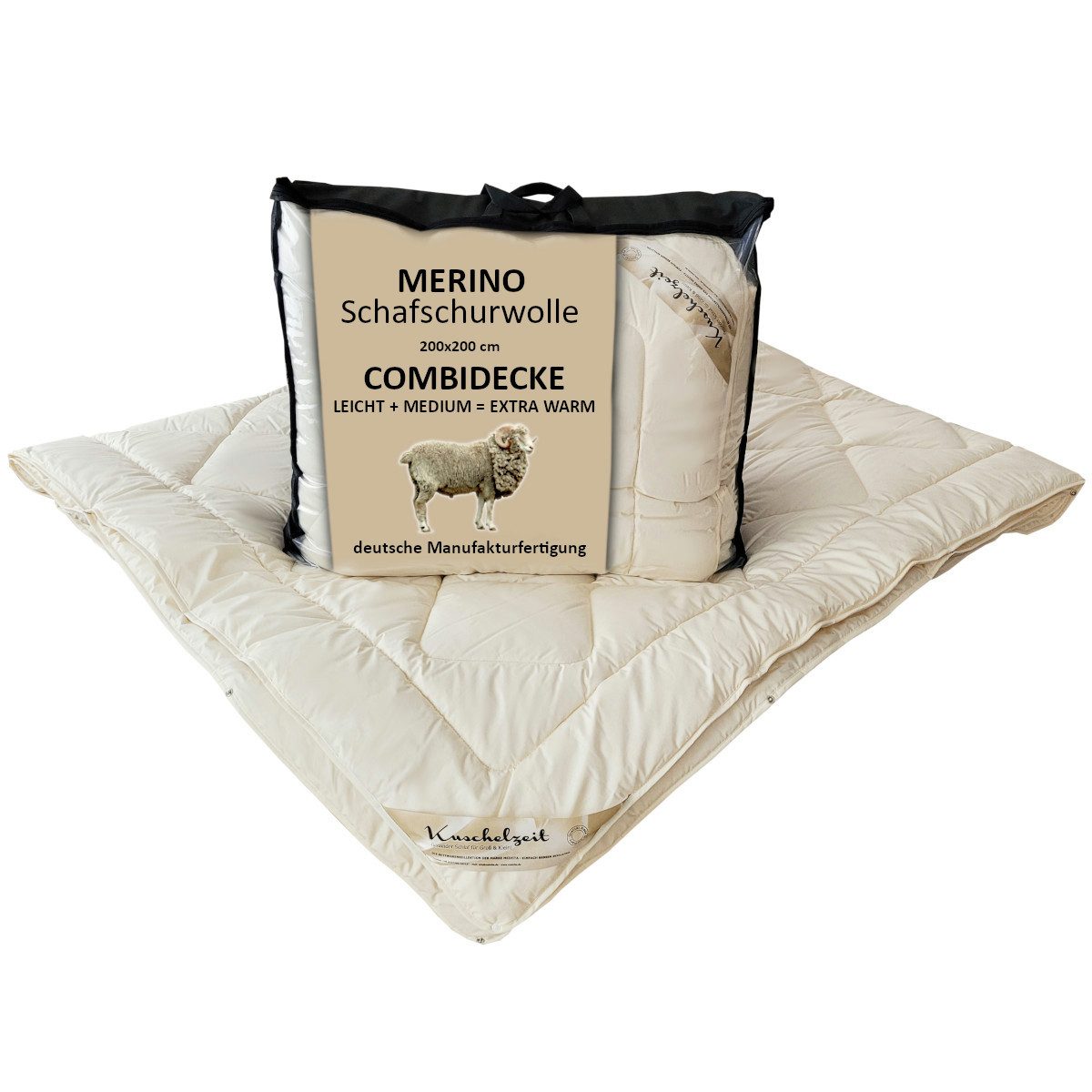Meivita Naturhaarbettdecke Merino Vierjahreszeitendecke Combi Decke 4-Jahreszeitenbett, Füllung: 100% Merino Schafschurwolle, Bezug: 100% Baumwolle, Bettdecke Hergestellt in Deutschland