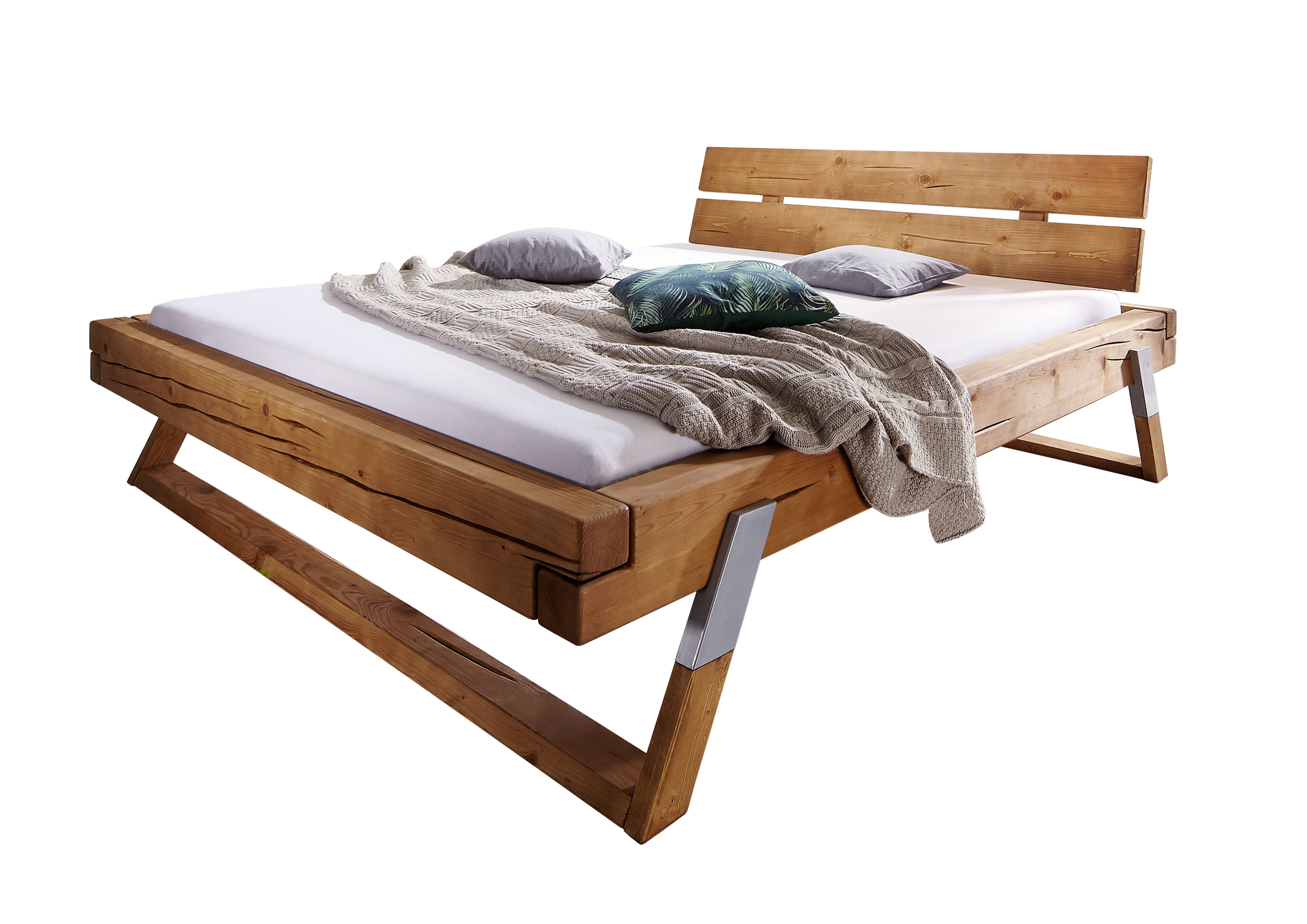 Woodroom Massivholzbett Narwa (Liegefläche 140 × 200 cm), Holzbett, Balkenbett, massive Kiefer eichefarbig honig gebeizt & geölt