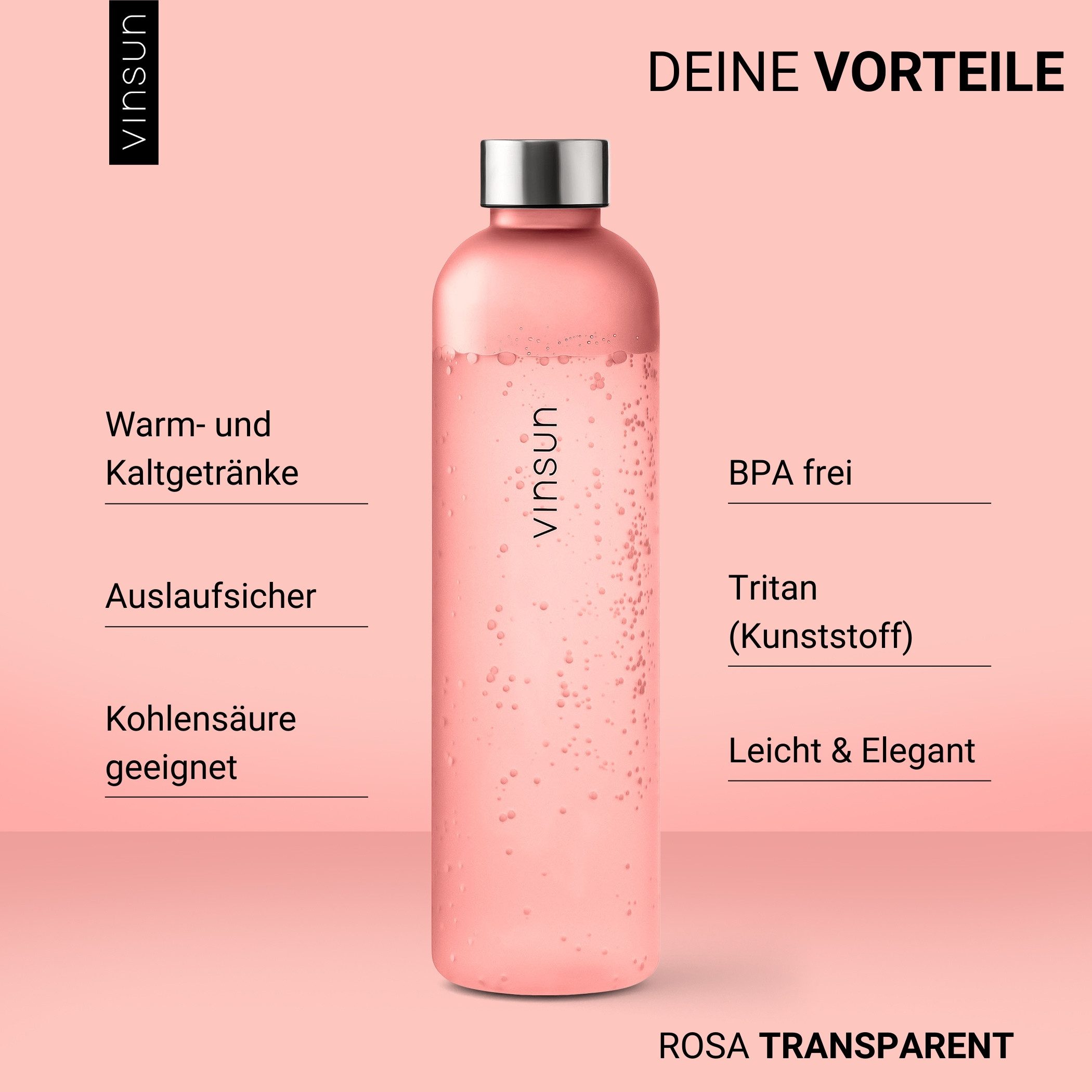 Vinsun Trinkflasche Tritan Wasserflasche 650ml - Sportflasche Kohlensäure geeignet, Auslaufsicher, BPA frei, bruchsicher, geruchs- und geschmacksneutral