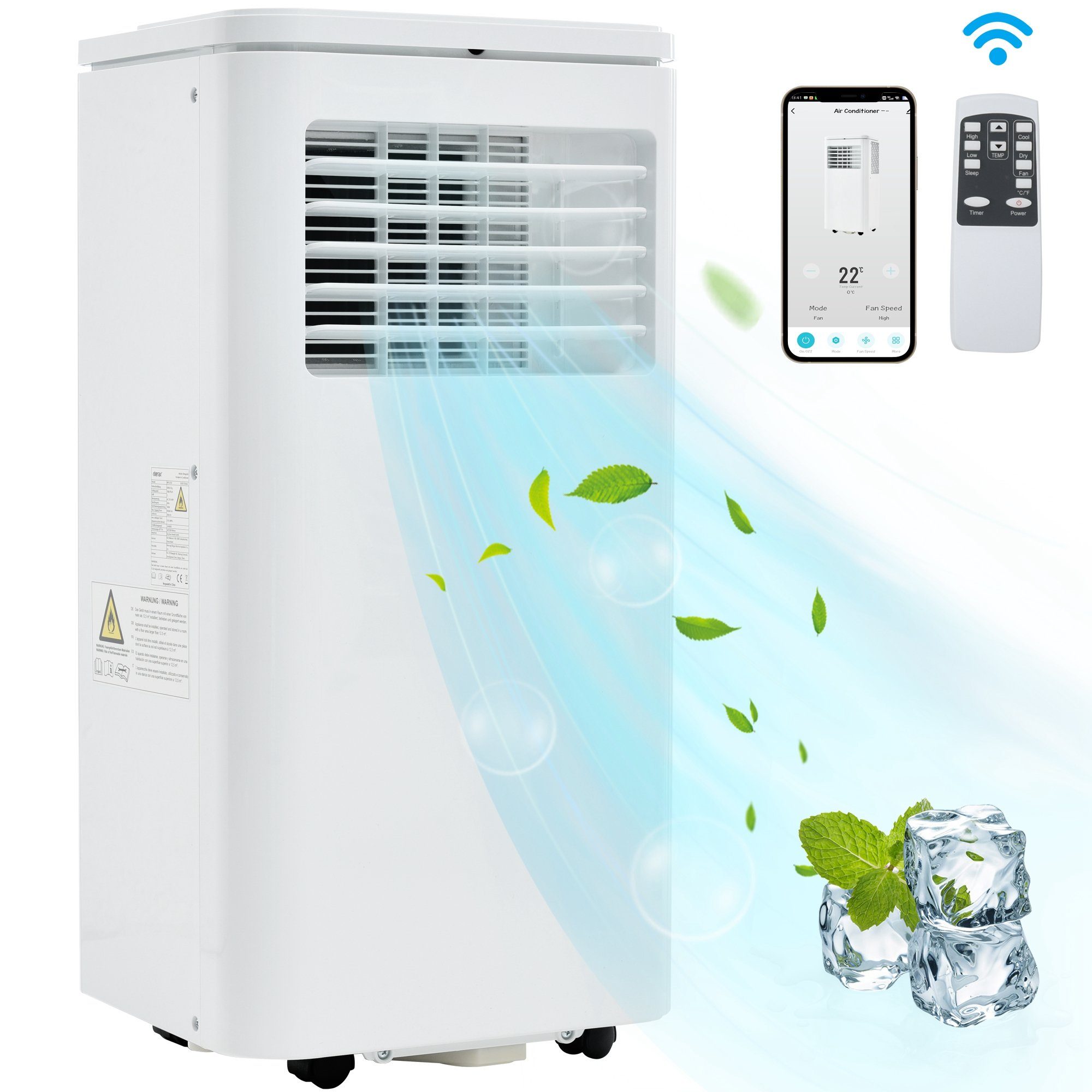 Fangqi Klimagerät 4-in-1 Klimagerät & Luftentfeuchter,7000 BTU/h, 2KW, mit Fernbedienung, bis zu 80m³,APP-Steuerung,17°C~30°C,29 x 34 x 69,5 cm