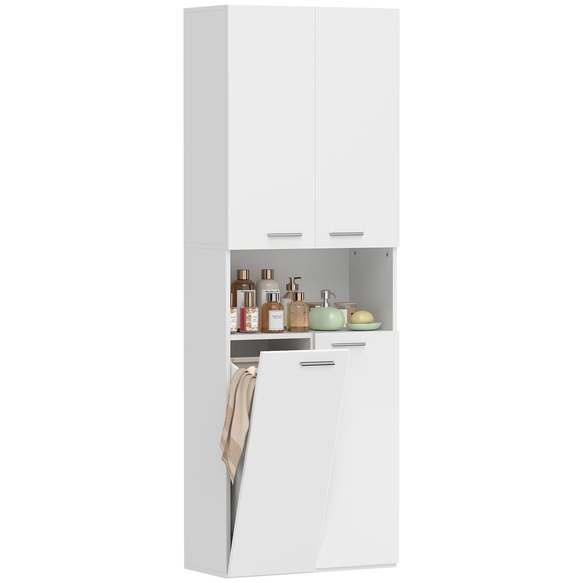 MC Star Hochschrank 174 cm hoher Badezimmerschrank mit ausklappbarem (Wäschekorb und Soft-Close-Türen, Weiß)