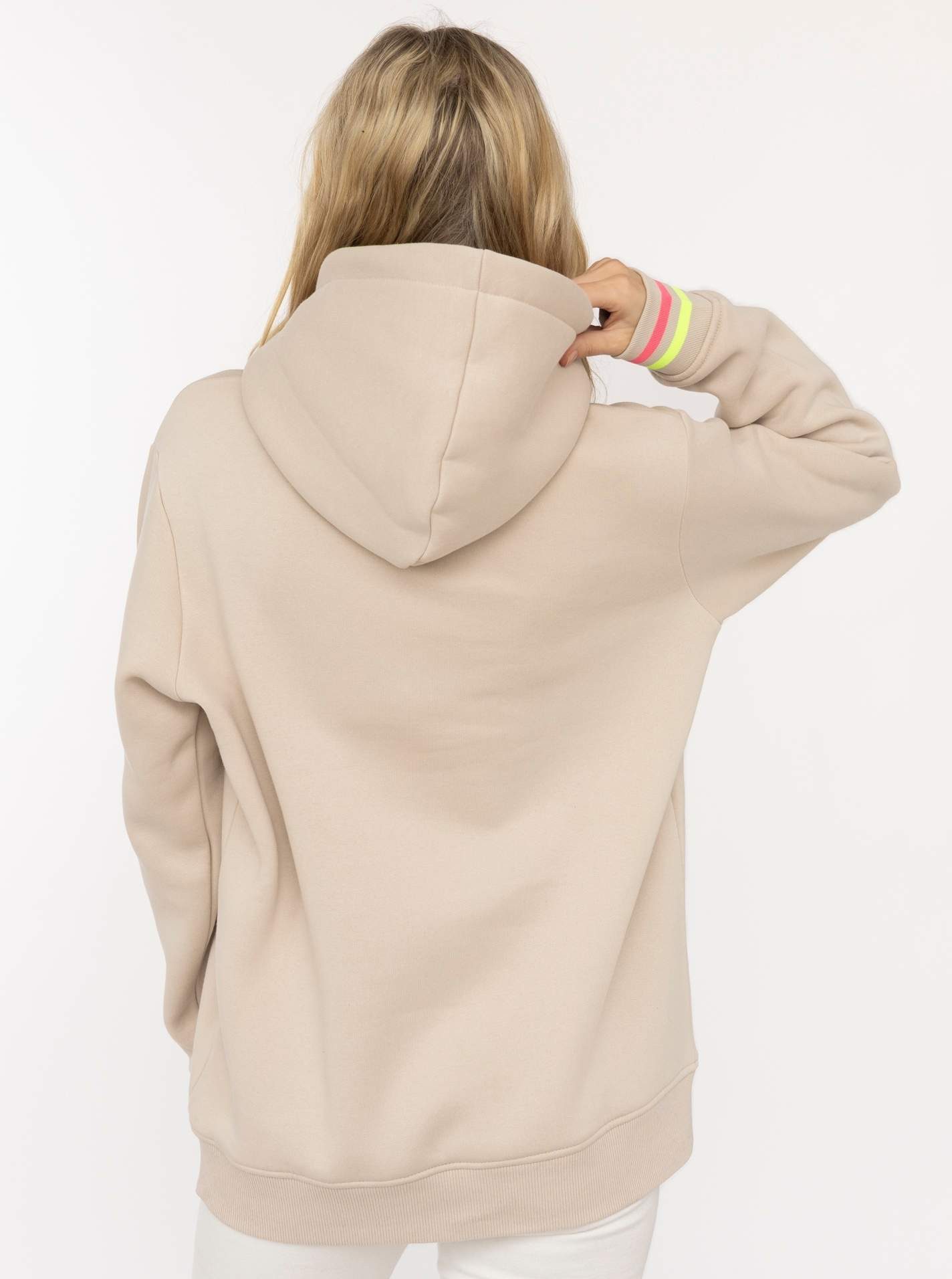 Zwillingsherz Hoodie "Be Happy!" gestreifte Bündchen, Aufdruck auf Brust, Kapuze, Kängurutasche – Bild 3 von 5