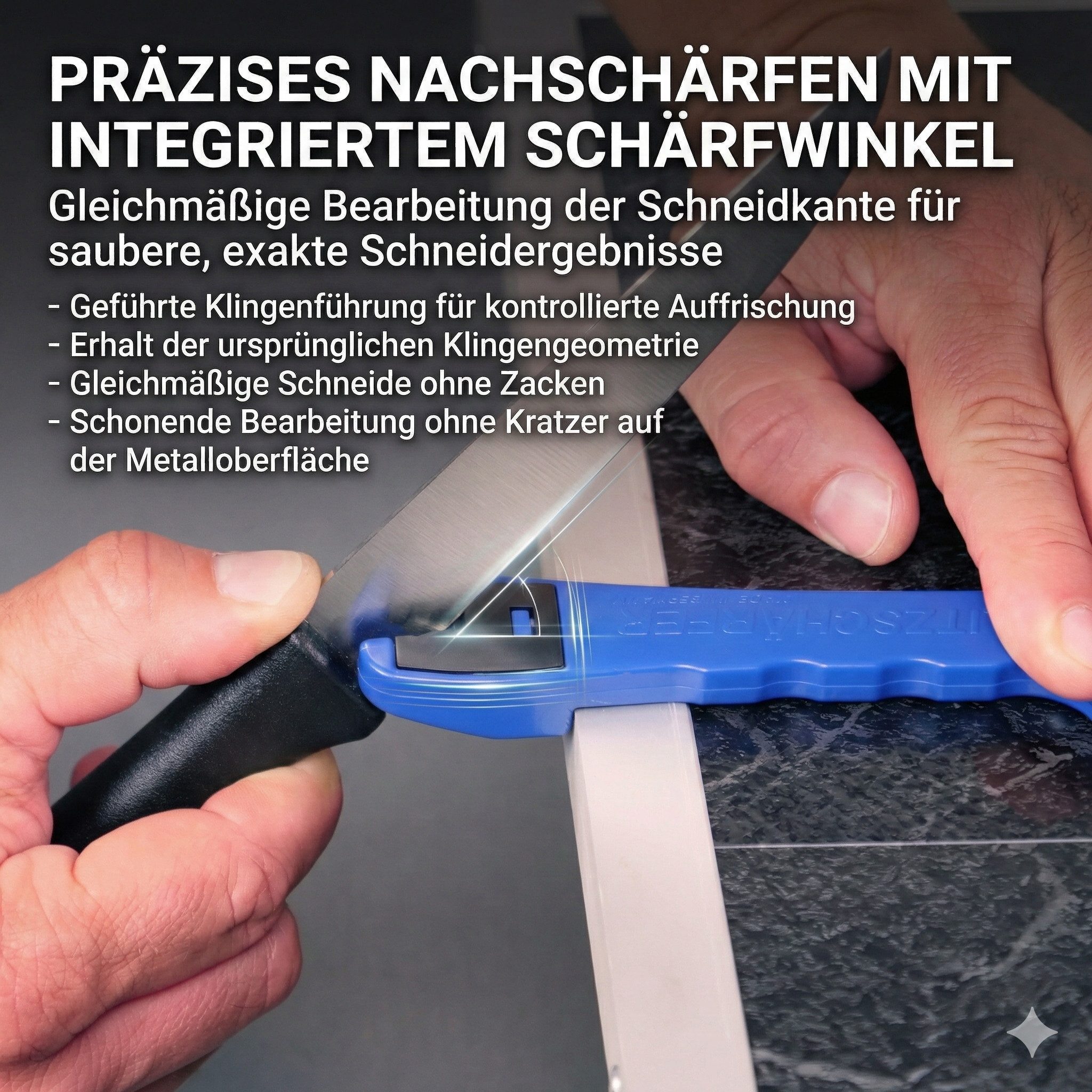 BLITZSCHÄRFER MADE IN GERMANY Messerschärfer Set 4 tlg. Messerschleifer Scherenschleifer manuell tragbar, Hochwertige 4-fach wendbare Schärfeinsätze aus Hartmet – Bild 2 von 5