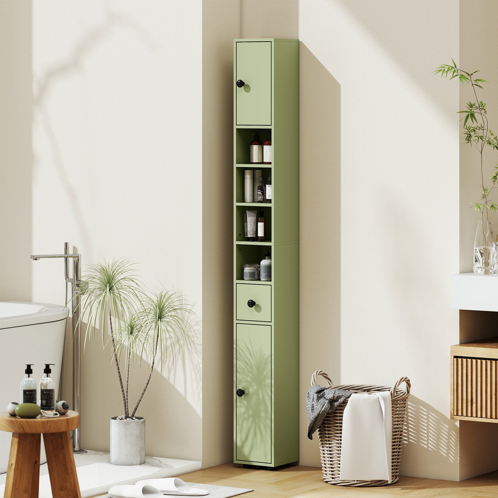 Kleankin Badkommode Hochschrank Toilettenschrank (schmaler Badezimmer-Aufbewahrungsschrank, 1 St., mit Schublade, verstellbaren Regalen), 20 x 20 x 180 cm, Grün