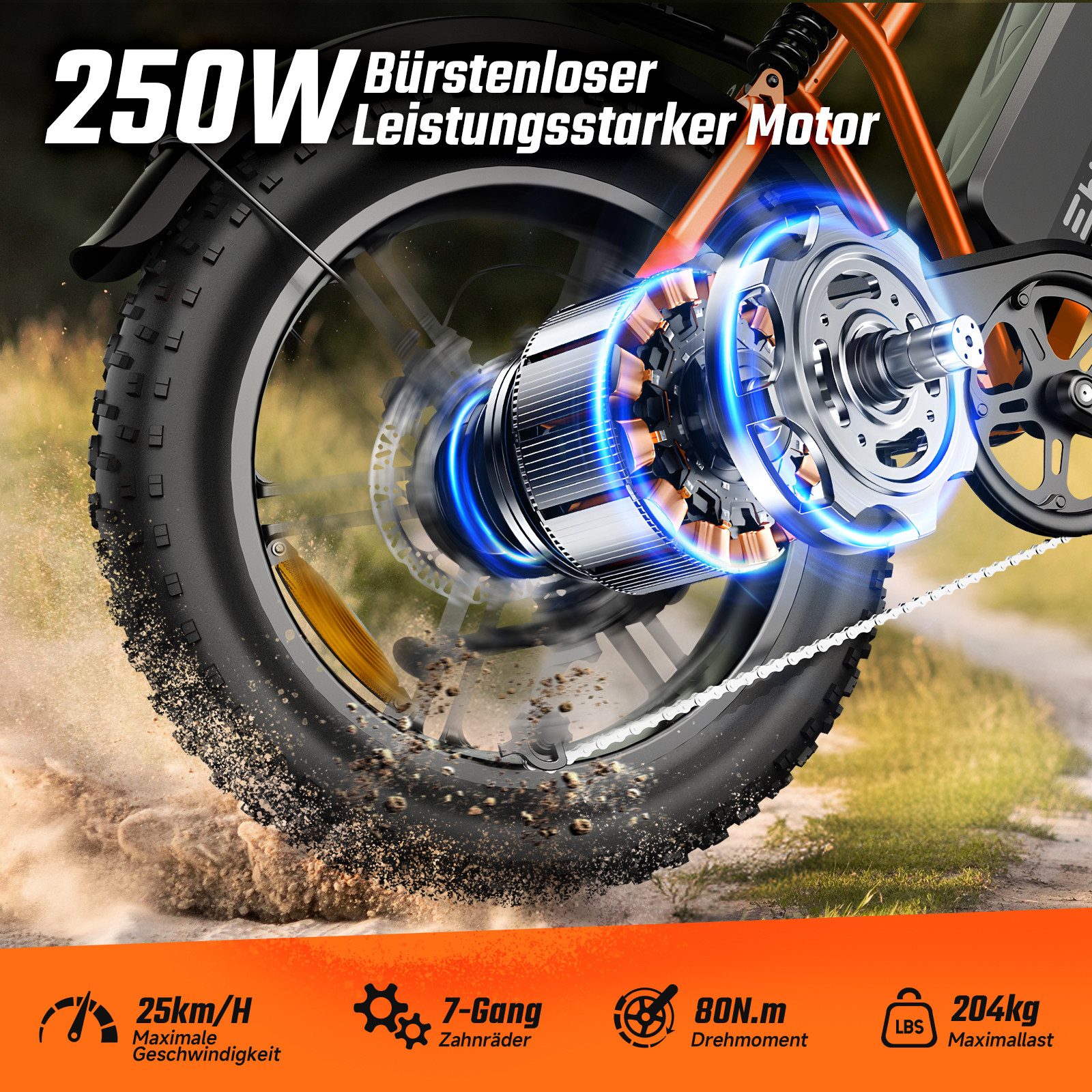 SISIGAD E-Bike Mountainbike 20'' Fat Tire 250W Motor, 48V 15Ah, herausnehmbarem Akku, fatbike, APP, Shimano, Heckmotor, 720 Wh, 7-Gang-Schaltung, 4 Fahrmodi, LCD-Display,Vollfederung,leistungsstark