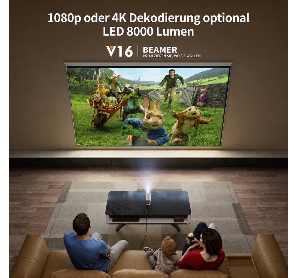 Blossom Tragbarer Projektor Beamer V16, 1080p, 4K, Android 13, WiFi 6, BT 5.0 Beamer (8000 lm, 15–150 Zoll Projektor, 8000 Lumen LED, Faltbarer, für Indoor Outdoor) weiß