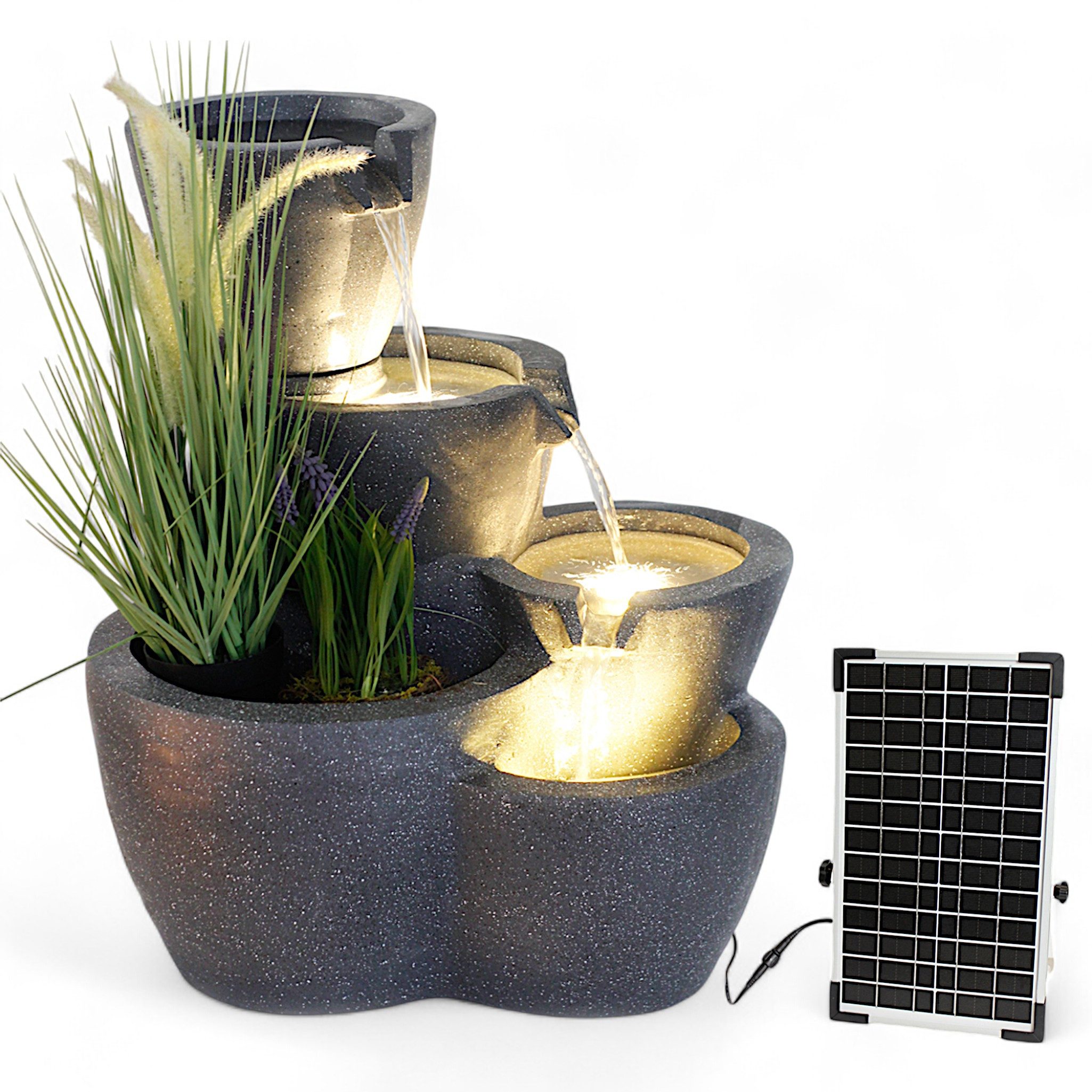 Arnusa Gartenbrunnen Solar Springbrunnen Botana mit Beleuchtung Solarbrunnen, 53,00 cm Breite, Wasserspiel bepflanzbar Kaskade