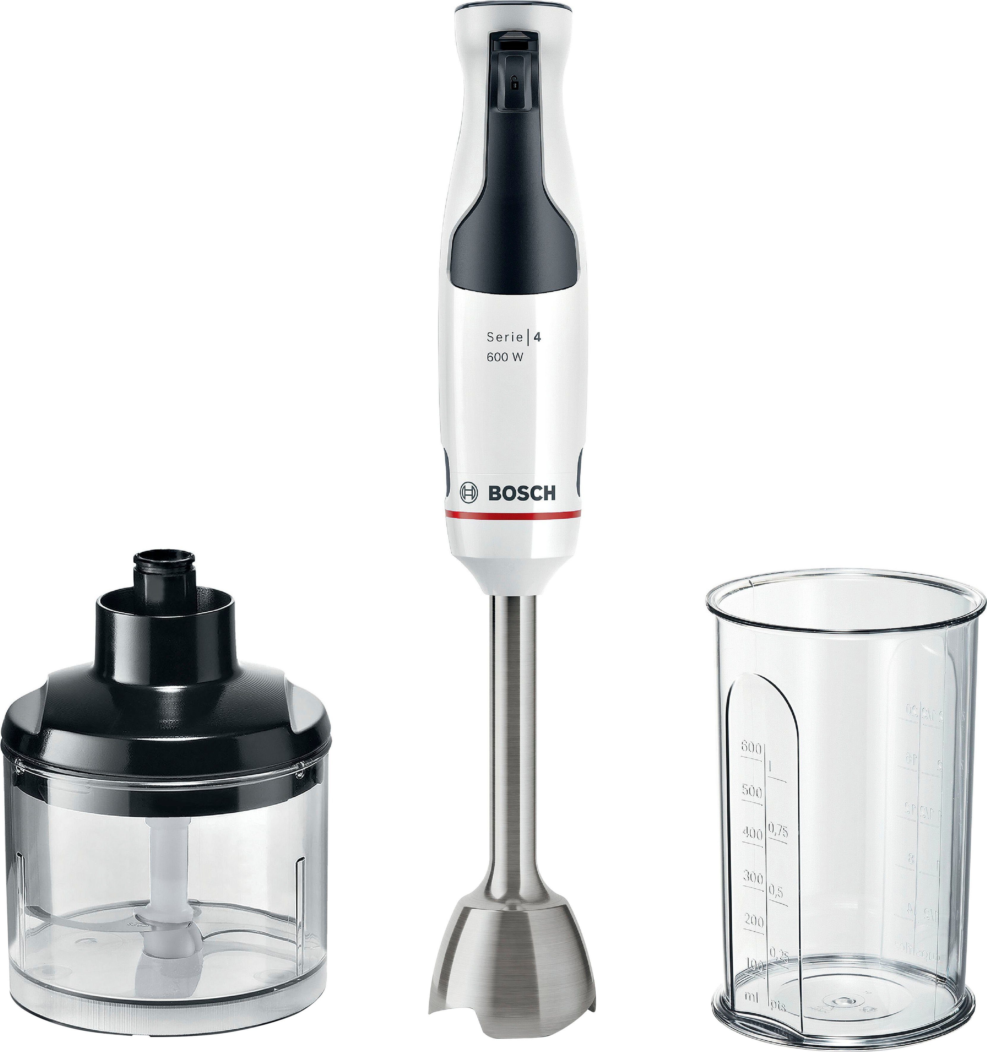 BOSCH Stabmixer ErgoMaster Serie 4 MSM4W220, 4 Klingen, Zerkleinerer, Becher, weiß, 600 W, Mixfuß Edelstahl, großer Bedienhebel, …