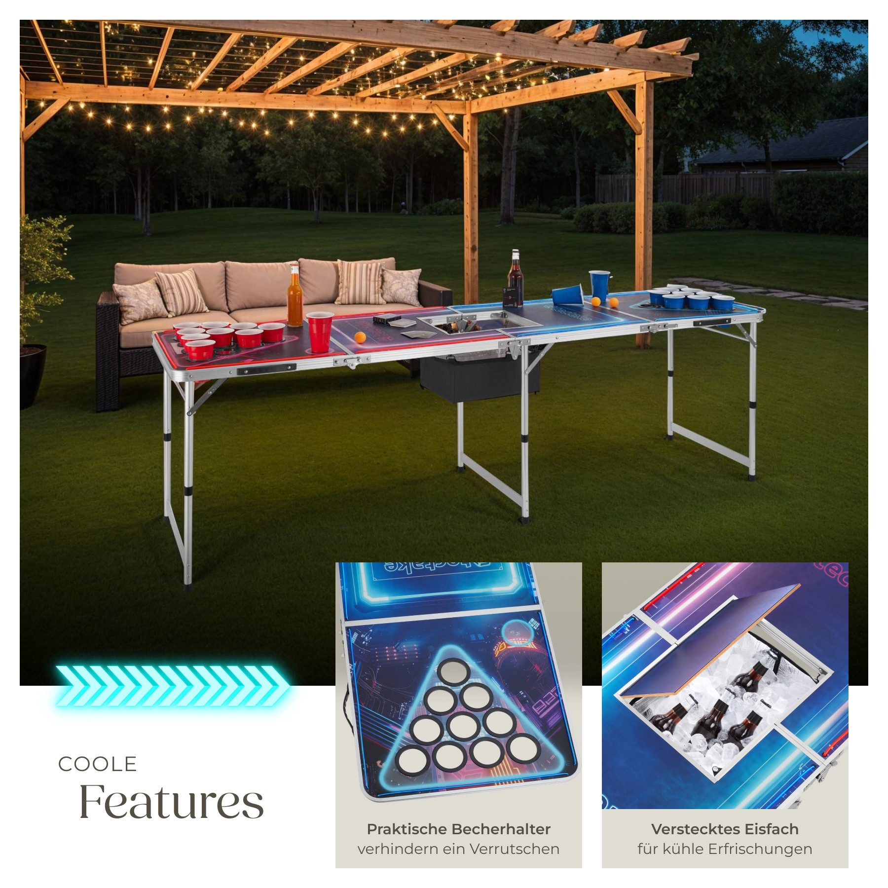 tectake Spieltisch Bierpongtisch, inklusive 100 Bechern, 6 Bällen und Kartentrinkspiel, (Beerpong-tisch BeerWars II), Eisfach, LED-Beleuchtung, klappbar und höhenverstellbar, Tragegriffe