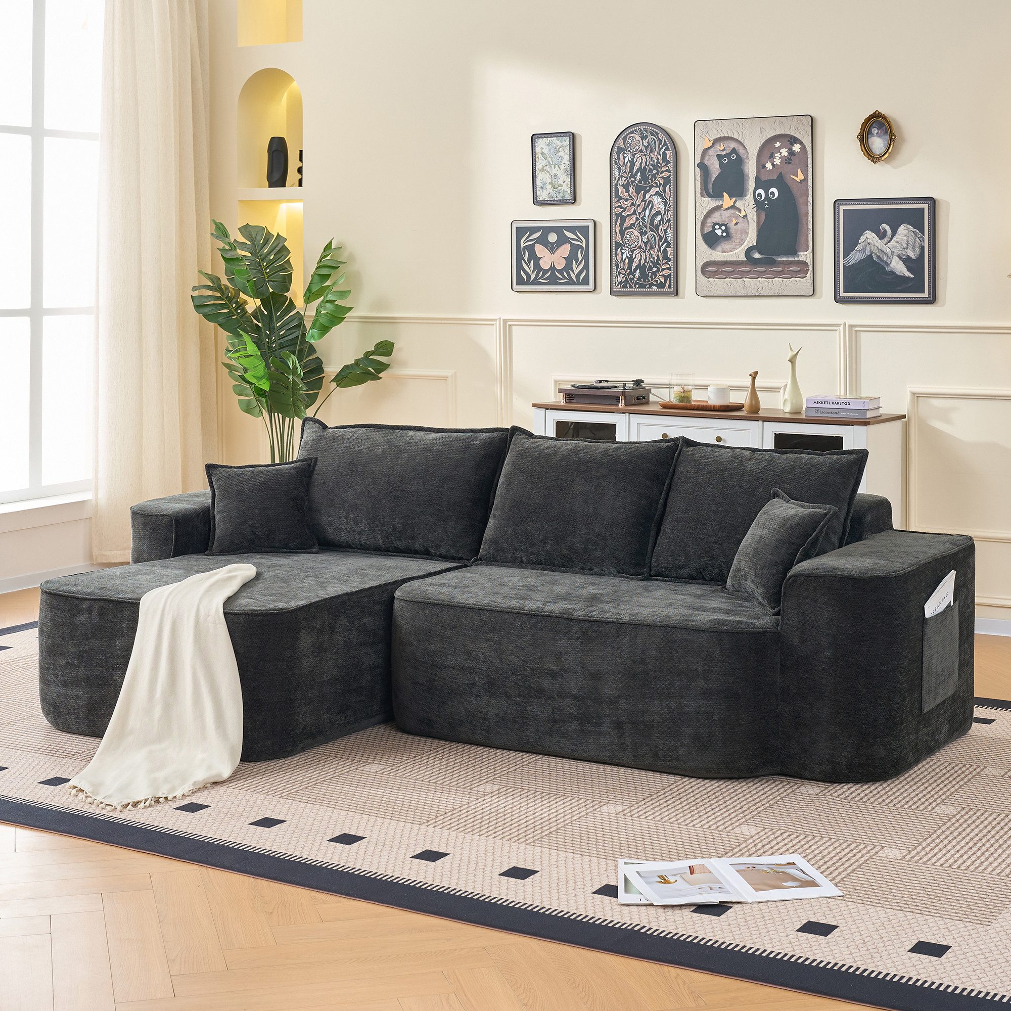 Odikalo Ecksofa Eckcouch Loungesofa Polstersofa Freizeitsofa Mehrfarbig, Chaiselongue ohne Montage – Bequemes & weiches Sofa inkl. Kissen,mit Seitentaschen