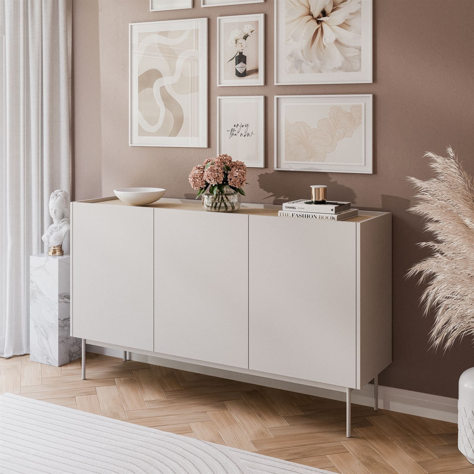 Lookway Kommode ESSENCE 3D K144 Dreitürig Anrichte Kaschmir / Eiche Linea, 144x37x83 cm – Bild 2 von 5