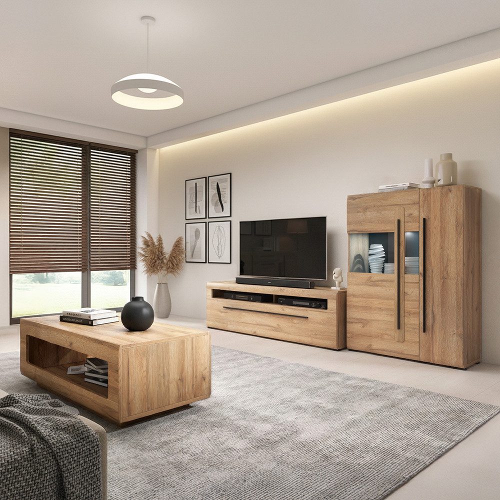 Lomadox Wohnzimmer-Set TURDA-83, (Mega-Spar-Set, 3-St., Couchtisch Highboard Lowboard Sideboard Vitrine Wandregal), Eiche braun Metallgriffe LED Beleuchtung nachhaltig modern