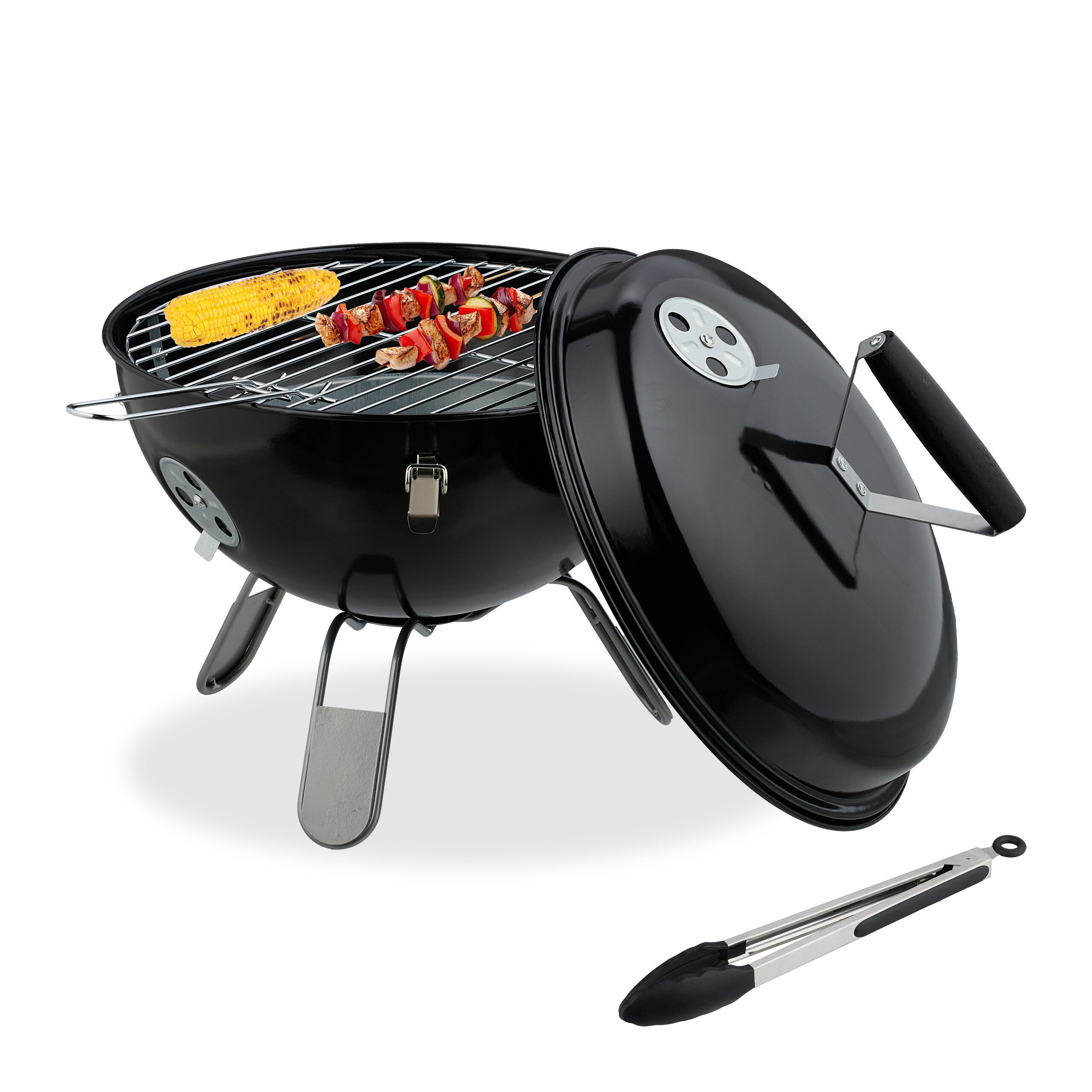 relaxdays Holzkohlegrill Kugelgrill tragbar Ø 37cm mit Grillzange