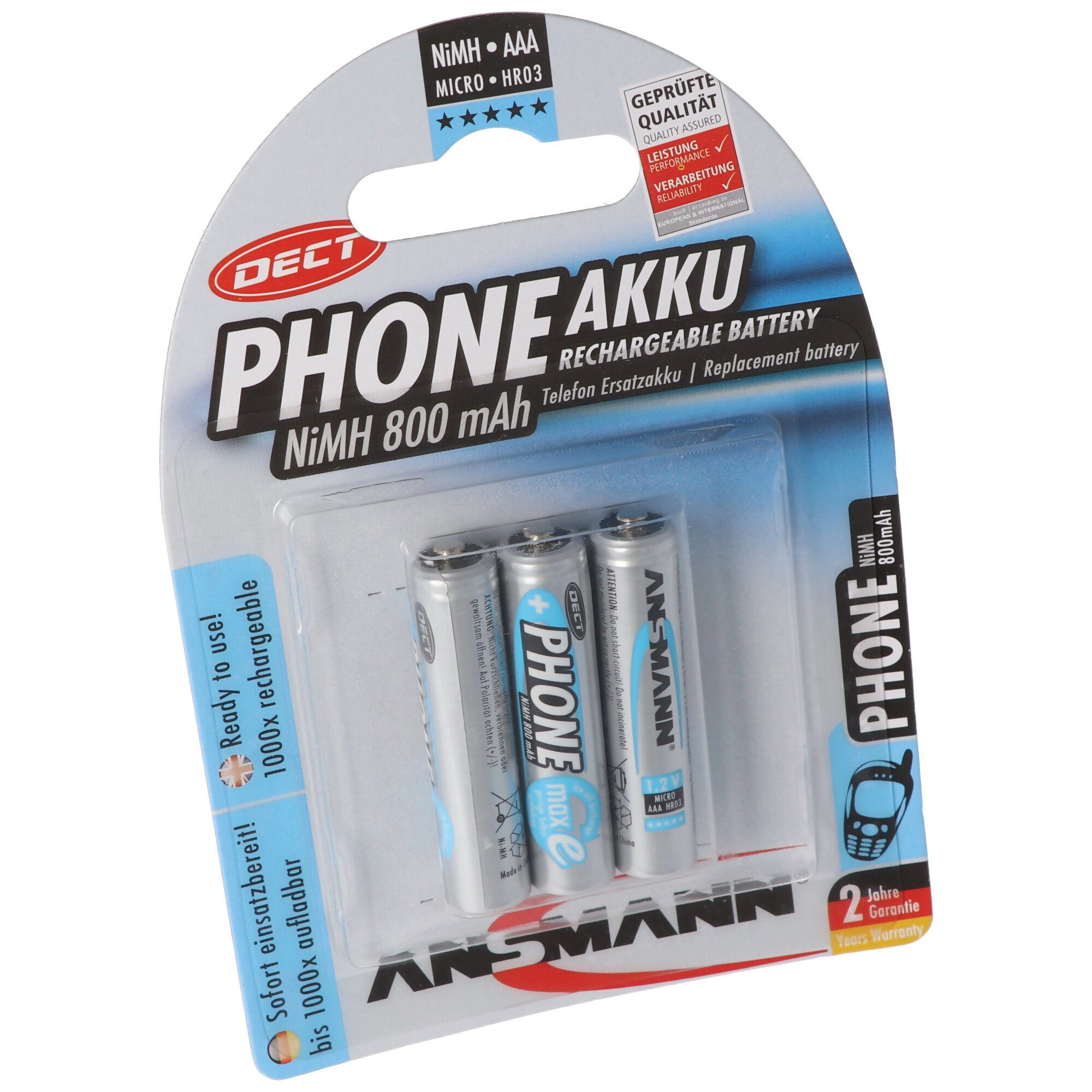 Akku (1,2 AAA NiMH Telefon mAh ideal 800 Akku ANSMANN® schnurlose Telefon 800mAh DECT für V)