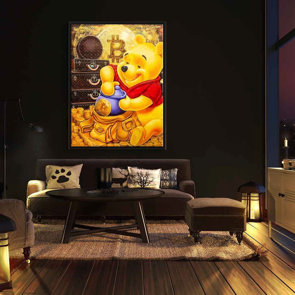 DOTCOMCANVAS® Leinwandbild Bitcoin Bear, Leinwandbild schwarzer Art Pop Bär der Pu Bitcoin Comic Rahmen Winnie-the-Pooh crypto
