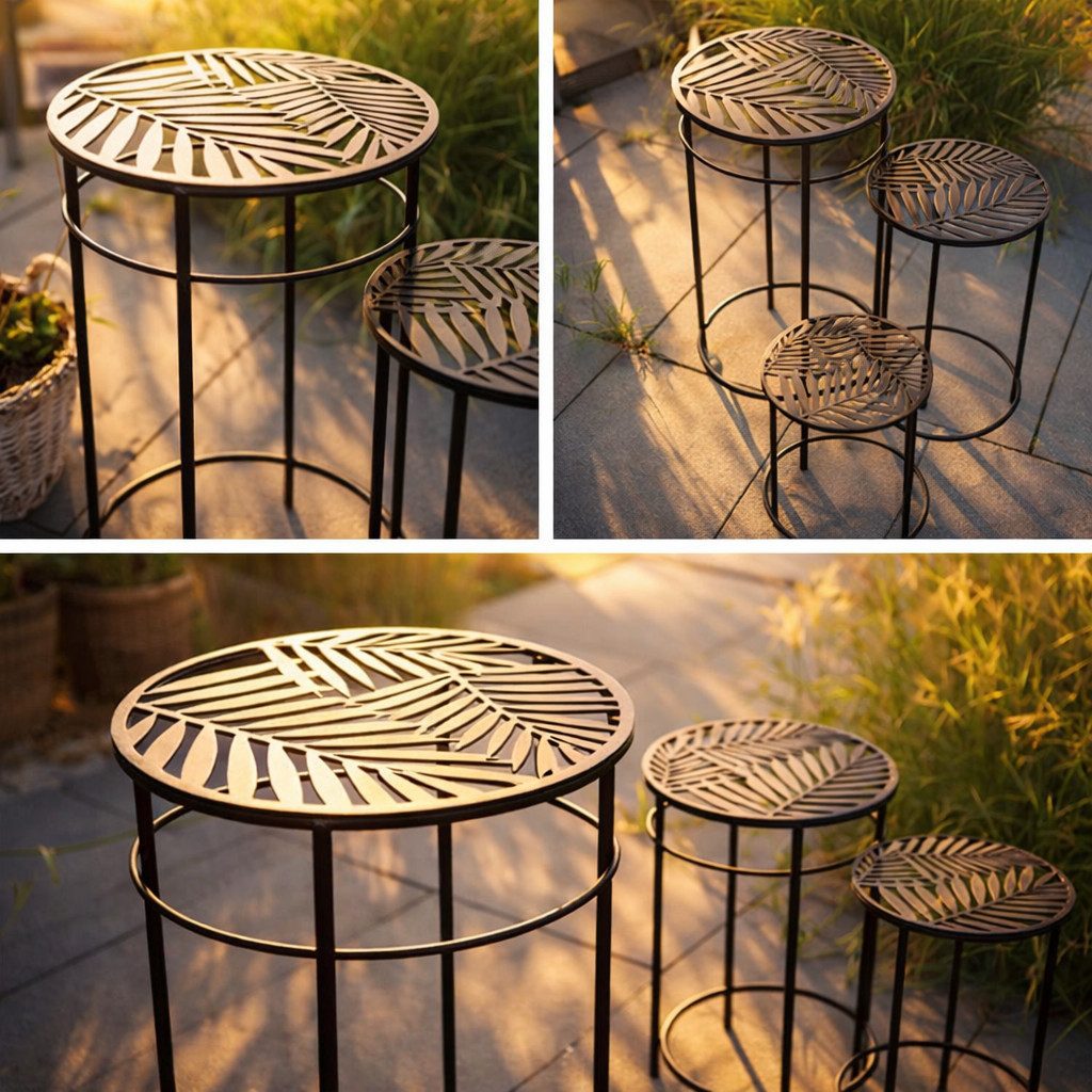 K&L Wall Art Gartentisch Beistelltisch Balkon Blumentreppe Metalltisch Garten Blumenhocker (3-er Set, 3-St), Boho Deko Tisch Set